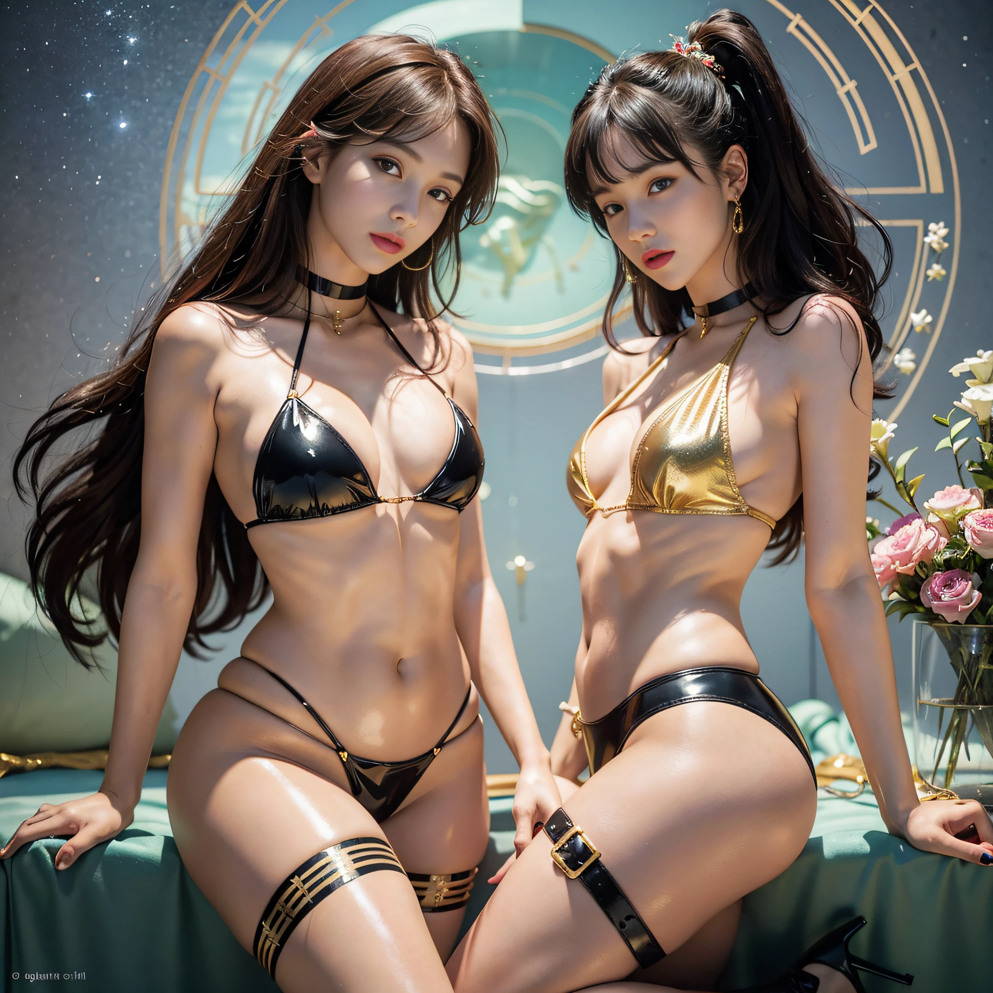 ((​masterpiece)、(top-quality)、(reallistic))、Dirty pair、Yuri and Kay、latex shiny:1.4、age19、2girls、Super Ultra Ultra Bikini、standingn、Looking Back Beauty、Put small fashionable tattoos in places that add attractiveness:1.4、Bikini made of material so thin that the pubic area is clearly visible:1.4、Balanced、Alphonse Mucha:1.4、Bright character、Super Beautiful Duo、Space Investigator with outstanding style、Crisp focus:1.5、Laser gun worn on the waist、A detailed eye、Raw photo、red-lips、Red high heels、a choker、a necklace、耳Nipple Ring、