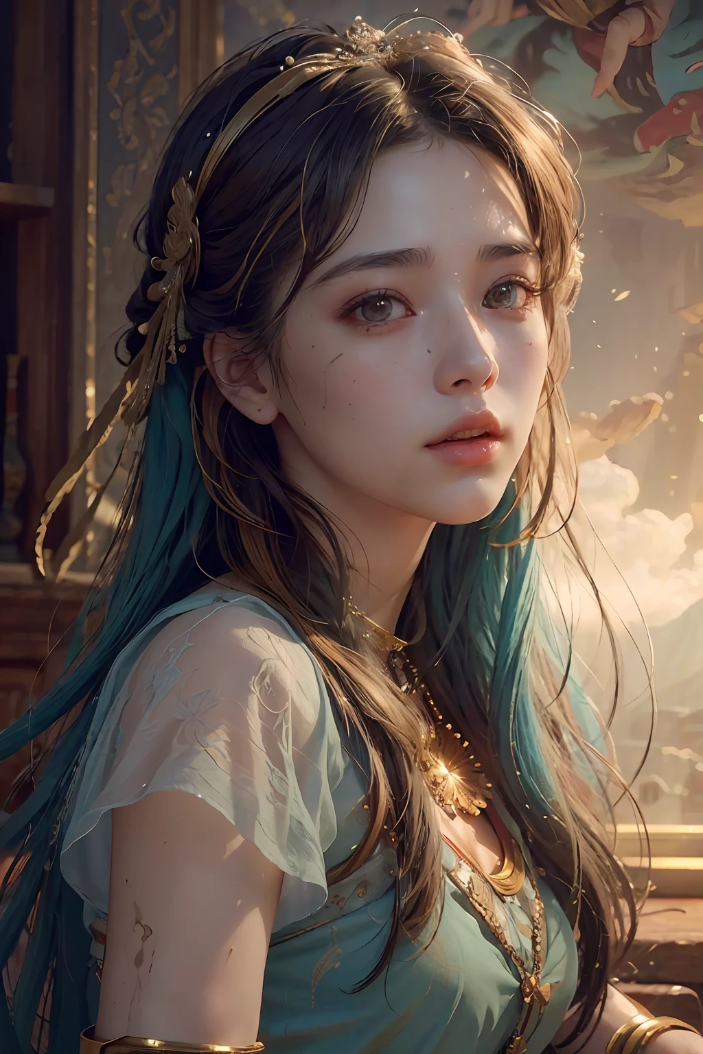 (RAW photo, best quality), (realistic, photo-realistic:1.3),best quality,highly detailed,masterpiece,ultra-detailed,illustration,1girl,upper_body,dynamic angle,world masterpiece theater,messy_long_hair,best quality,extremely detailed CG unity 8k wallpaper,ink,Amazing,cinematic lighting,lens_flare,,dunhuang_style