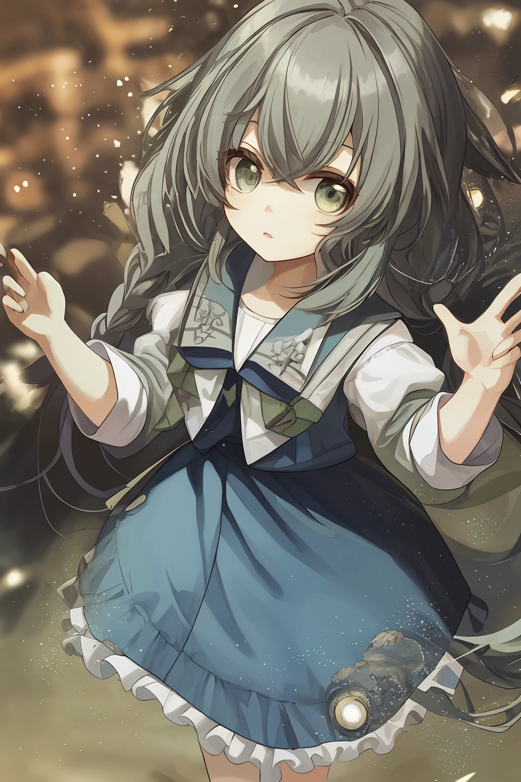 blurry, rating:safe, blurry foreground, depth of field, skirt, 1girl, green ribbon, solo, green neckerchief, long hair, green hairband, blurry background, leaf, navel, leaf hair ornament, plant, very long hair, shirt, sailor collar, pleated skirt, grass, white shirt, green eyes, school uniform, looking at viewer, serafuku, green bow, hairband, christmas tree, bangs, midriff, hair ornament, outdoors, green skirt, christmas, green nails, silver hair, twintails, blush, standing, parted lips, cowboy shot，the detail，high qulity，jelly fish，Lu，you