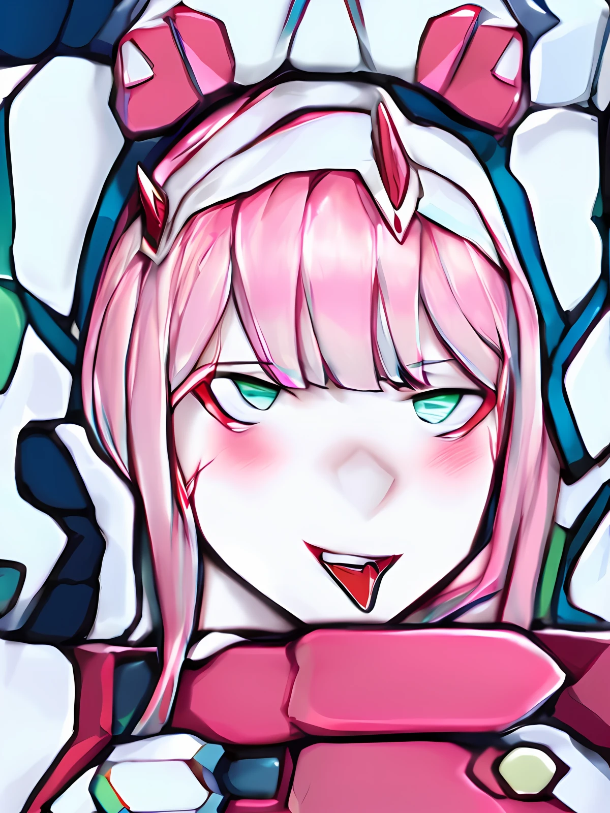 zero two \(darling in the franxx\), darling in the franxx, 1girl, bangs, biting, blush, covered navel, eyeshadow, green eyes, hair behind head, hand on hip, horns, smile, long hair, looking at viewer, makeup, medium breasts, pilot suit, red suit, pink hair, red eyeshadow, science fiction, skin tight, solo