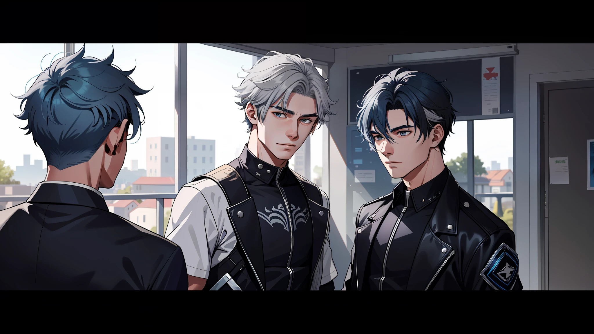 In the background is a silver city Two -yeld tege friends with blue hair, With Latin skin and light gray hair on the outskirts of a large silver city they are talking about an important topic they are friends almost like brothers................