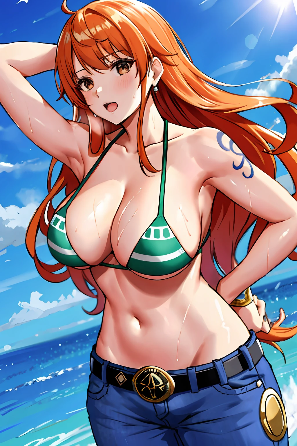 detailed background, masterpiece, 4k, epic, best quality, late youth, adult, wrestler body, wrestling, 1girl, active, energic, (large mouth) , solo, nami \(one piece\), 1girl, bangle, (very wet, yawning, drenched in sweat, sweat all over body, very wet hair, messy hair, tired, open mouth, exhausted, shouting, sweaty face, sweaty body, sweating too much, shiny sweat, leaning, hands on hips, serious, glaring, open eyes, perfect detailed face, round face, sweat on face) bold drawing lines, muscular arms, detailed bold arm lines, flat jaw, adult woman, wavy wide streaked bangs, floating bang, (big cheeks), bare shoulders, off-shoulders, belt, bikini, bikini top only, blue sky, bracelet, springy breasts, breast lines, big round eyes, very big brown shiny eyes, bubbles, high eye position, cleavage, cloud, day, denim, earrings, floating hair, shiny hair, green belt, green bikini, bold groin lines, jeans, jewelry, medium breasts, log pose, long hair, looking at viewer, big navel, wet hair, orange hair, pants, shoulder tattoo, sidelocks, sky, solo, standing, stomach, swimsuit, tattoo , looking at viewer, open mouth, detailed left arm, big forehead, hourglass figure, small head, toned body, wide hair, wind effect, sun effect, under the sun, narrow small ears angle, older, random poses,