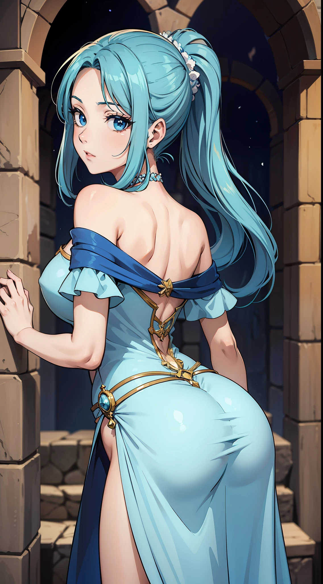 garota 18 anos cabelo azul escuro, garota sexy, vestido branco marcando a bunda, bunda marcada, castelo medieval, anime traits, 8k, parede de pedra ao fundo, peito pequeno