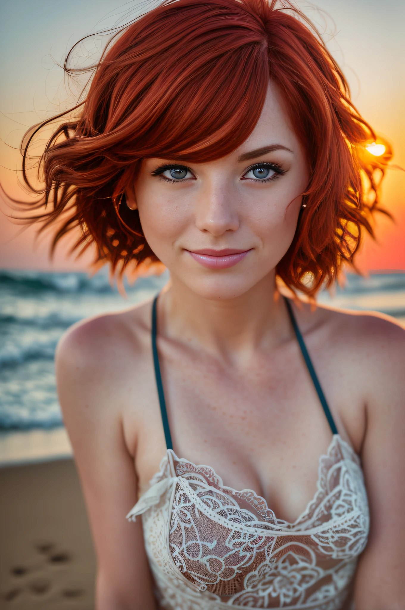 (8k, RAW photo, highest quality) depth of field, bokeh, 8K, HDR, cinematic rendering, 36-year-old redheaded woman, some small freckles, front view, whole body, sexy pose, dressed in a tattered nightie, straps dropped, peeled off, on a beach, goosebumps, cinematic, faded colors, dark shot, muted colors, grainy film,  lul, crazy details, intricate details, hyperdetailed, sunset, shyness, seduction, romance, open mouth, elated, looks at the lens with love
