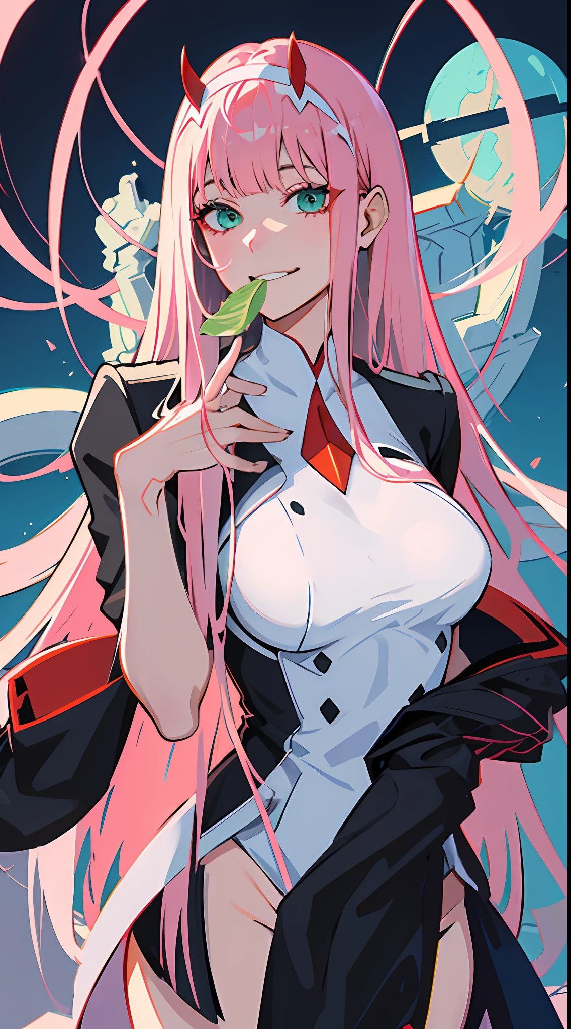 zero two \(darling in franxx\), darling in franxx, 1woman, smiling, sitting, bangs, biting, shadow, green eyes, hair behind head, horns, long hair, makeup, small breasts, white bodysuit, big thighs, pink hair, red eyeshadow, detailed background, bed, bedroom