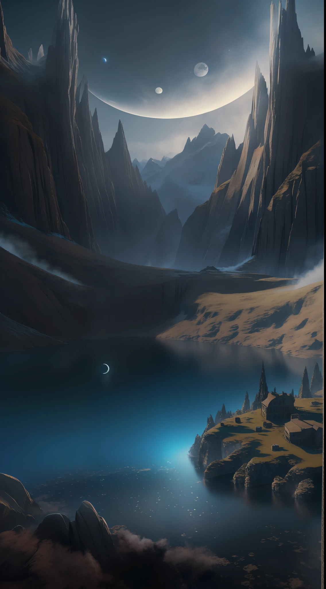 mountains and a lake with a moon in the sky, 4k highly detailed digital art, 4 k hd wallpaper very detailed, impressive fantasy landscape, sci-fi fantasy desktop wallpaper, unreal engine 4k wallpaper, 4k detailed digital art, sci-fi fantasy wallpaper, epic dreamlike fantasy landscape, 4k hd matte digital painting, 8k stunning artwork