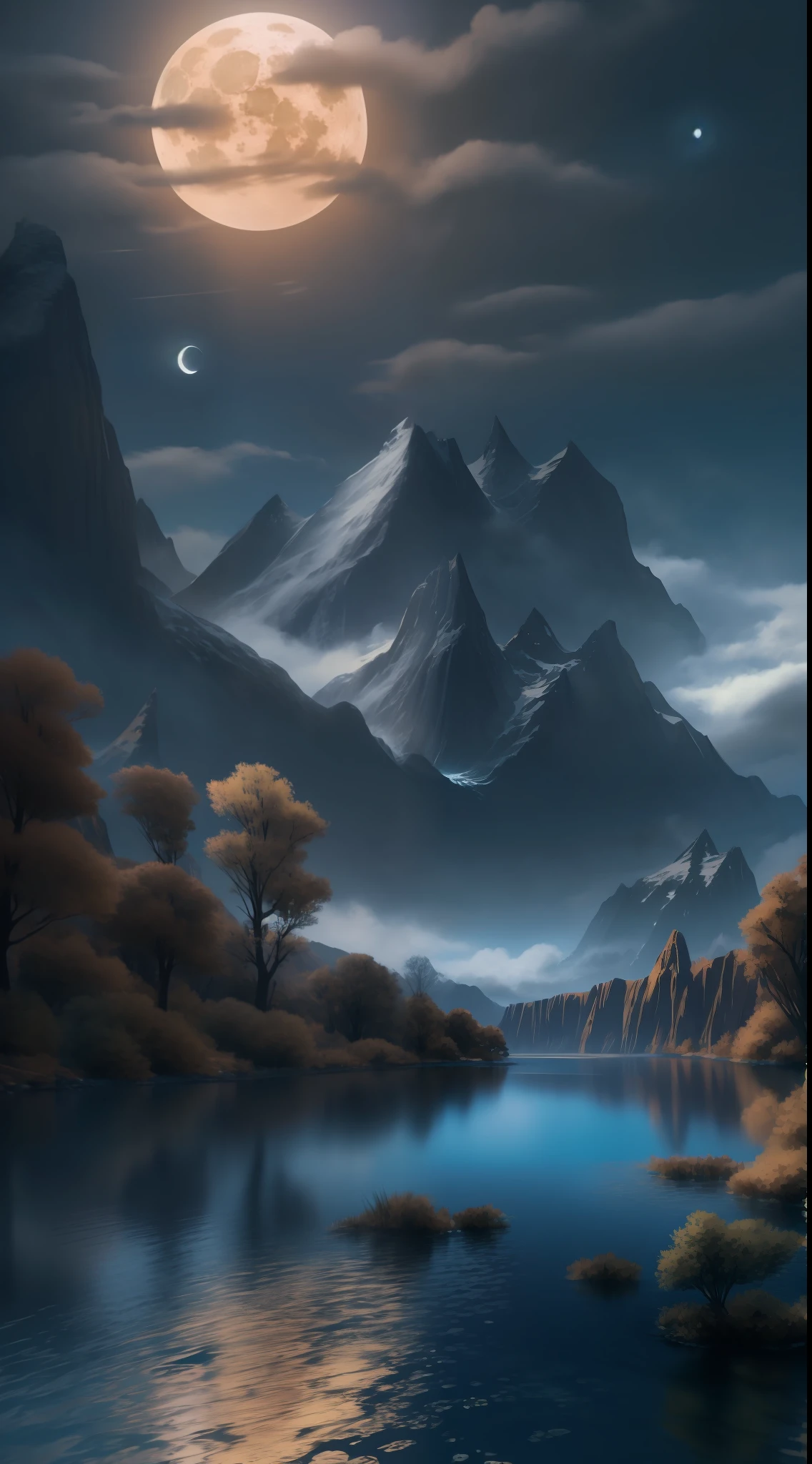 mountains and a lake with a moon in the sky, 4k highly detailed digital art, 4 k hd wallpaper very detailed, impressive fantasy landscape, sci-fi fantasy desktop wallpaper, unreal engine 4k wallpaper, 4k detailed digital art, sci-fi fantasy wallpaper, epic dreamlike fantasy landscape, 4k hd matte digital painting, 8k stunning artwork