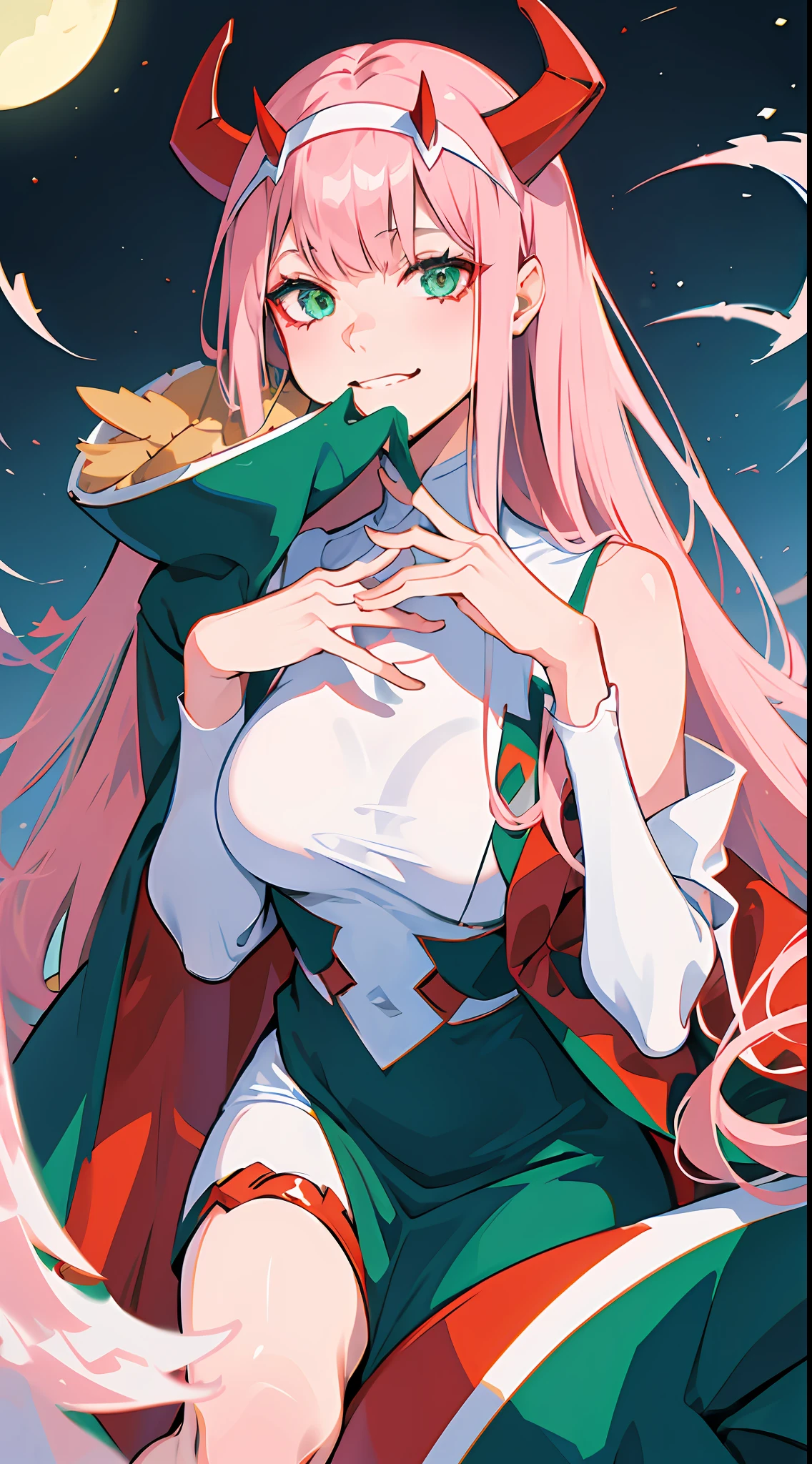 zero two \(darling in franxx\), darling in franxx, 1woman, smiling, sitting, bangs, biting, shadow, green eyes, hair behind head, horns, long hair, makeup, small breasts, white bodysuit, big thighs, pink hair, red eyeshadow, detailed background, bed, bedroom