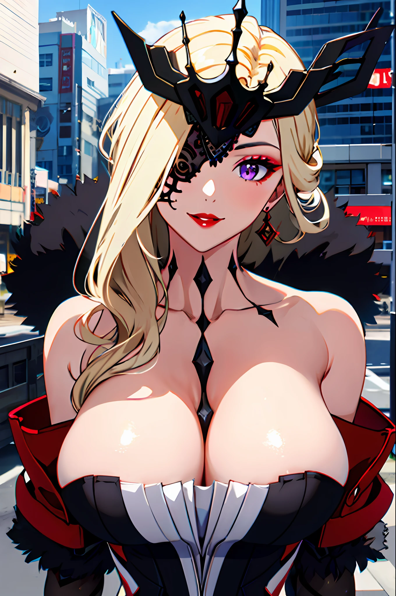 1girl, bare shoulders, black mask, blonde hair, cleavage, collarbone, dress, earrings, eyepatch, fur trim, huge breasts, jewelry, large breasts, long hair, looking at viewer, makeup, mask, one eye covered, purple eyes, signora \(genshin impact\), smile, solo, upper body, outdoors,cyberpunk,(masterpiece:1.4),(best quality:1.4),(shiny skin),red lips,mature female