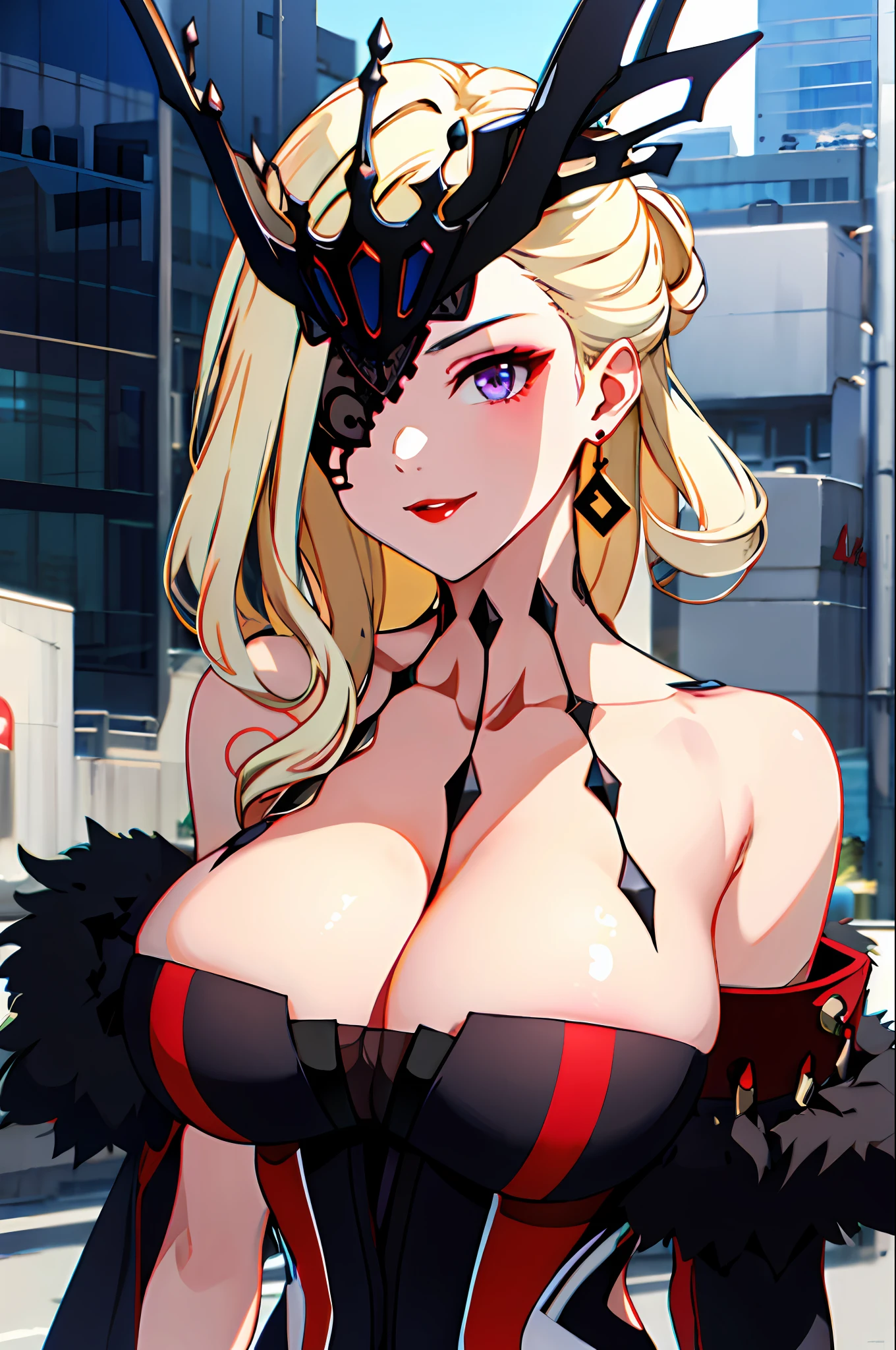 1girl, bare shoulders, black mask, blonde hair, cleavage, collarbone, dress, earrings, eyepatch, fur trim, huge breasts, jewelry, large breasts, long hair, looking at viewer, makeup, mask, one eye covered, purple eyes, signora \(genshin impact\), smile, solo, upper body, outdoors,cyberpunk,(masterpiece:1.4),(best quality:1.4),(shiny skin),red lips,mature female