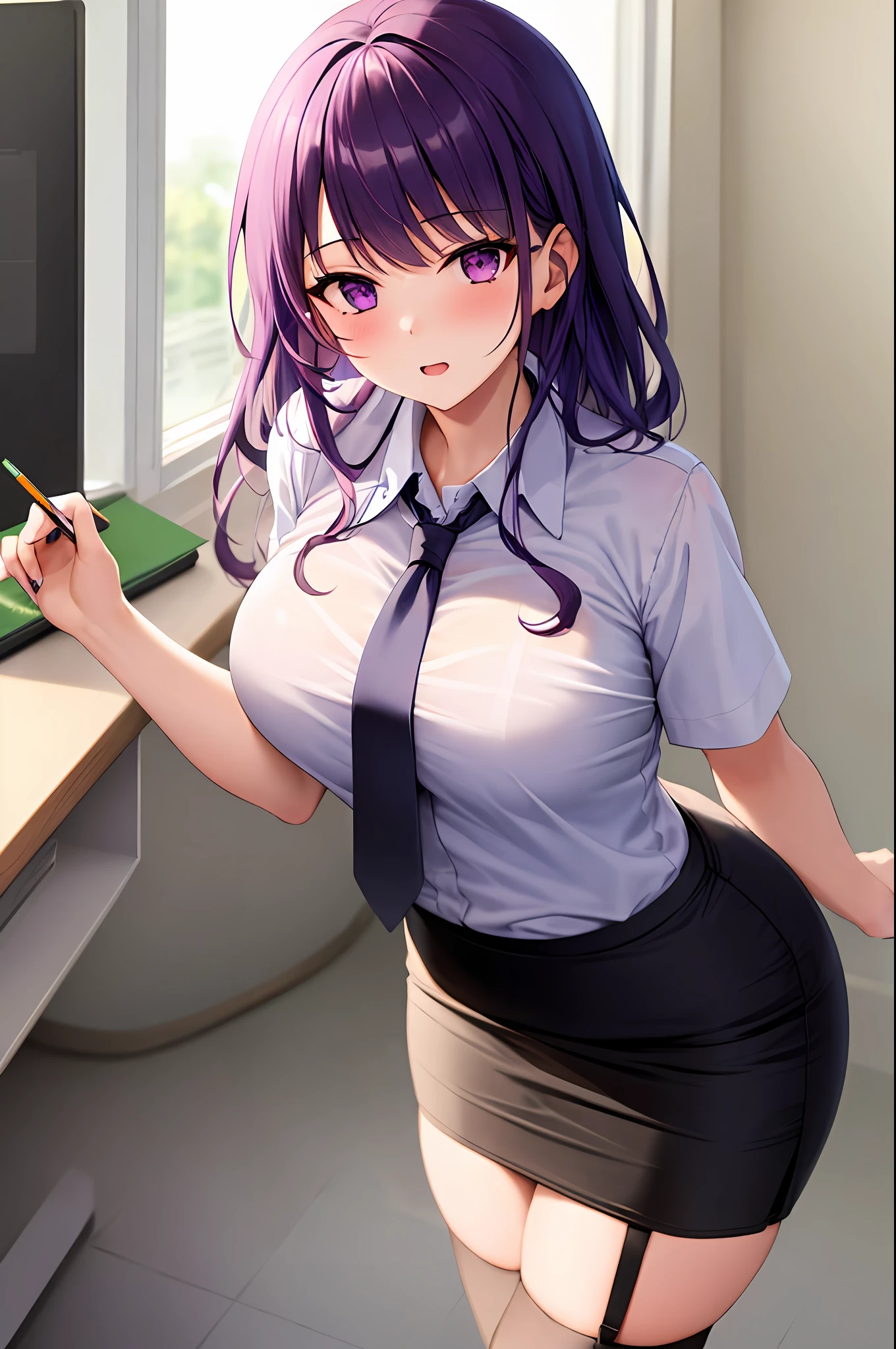 (best quality, masterpiece), 1girl, purple hair, purple eyes,  garter straps, pencil skirt, office lady, black bra, necktie, collared shirt, leaning back