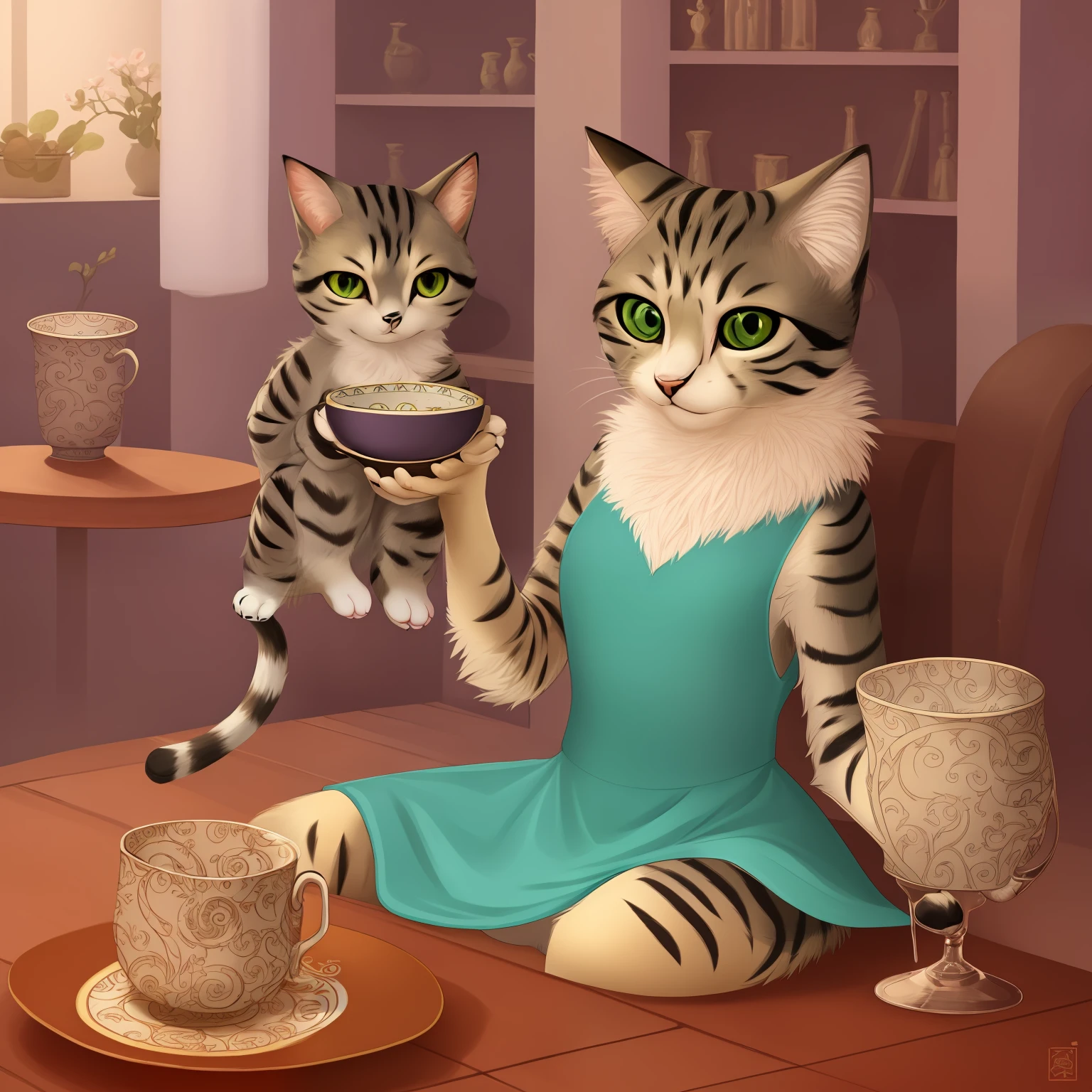 Humanoid cat juggling cups, furry cat, Porcel anthro cat, ain cups, fantasy art, blue dress,  Blue pattern on the cups, tmasterpiece, art by Amanda Sage