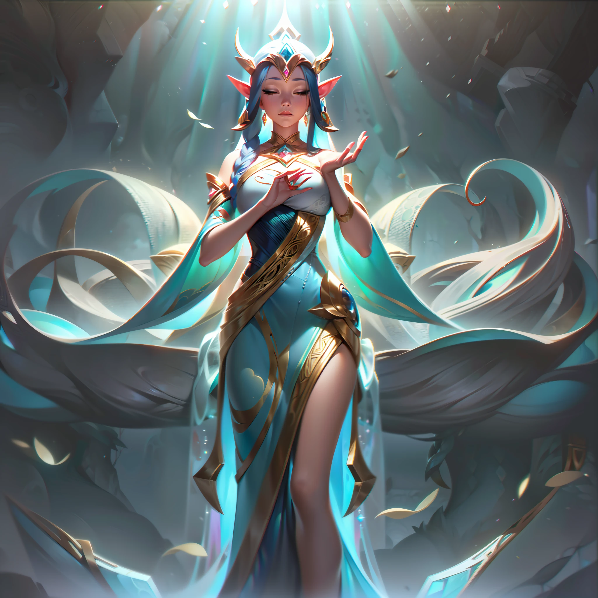 ((melhor qualidade)), ((obra-prima)), (detalhado: 1.4), ....3d, In the splash art of the base skin, Ekyzia, The Devotee of Aelrindel, is portrayed in all her ethereal splendor. Her elven features exude tranquility, framed by cascading moonlit silver hair that seemingly flows with the gentle breeze. Her almond-shaped eyes emit a serene glow, reflecting the wisdom of the ancient forest. She wears an elegant, flowing robe adorned with intricate nature-themed patterns, blending seamlessly with the lush verdant background of Verdano. Elven runes and celestial symbols dance across her attire, hinting at her mystical connection with Aelrindel. Wrapped around her slender arms are delicate, vine-like bands, each adorned with radiant crystals that flicker with enchanting light. On her slender fingers, glowing rings symbolize the celestial bond she shares with the guardians of the stars. Ekyzia stands in a poised and graceful pose, her hands gently cupped, as if summoning the very essence of nature itself. Her surroundings seem to respond to her presence; leaves gently flutter in mid-air, petals cascade from unseen blossoms, and even the moon above illuminates the serene scene with a soft, silvery glow. In the distance, majestic ancient trees tower, serving as a testament to the timeless bond between Ekyzia and the realm she cherishes. The base skin splash art captures Ekyzia in her purest form, embodying her role as the devoted priestess and guardian of the sacred forest, inviting viewers to immerse themselves,HDR (high dynamic range),ray tracing,NVIDIA RTX,Super-Resolution,Unreal 5,Subsurface dispersão, Textura PBR, Post-processing, anisotropic filtering, profundidade de campo, Maximum clarity and sharpness, texturas multicamadas, Albedo e mapas Speculares, surface shading, Accurate simulation of light-material interaction, perfectly proportions, octan render, Two-tone lighting,Abertura ampla,ISO baixo,White balance,thirds rule,8K BRUTO,