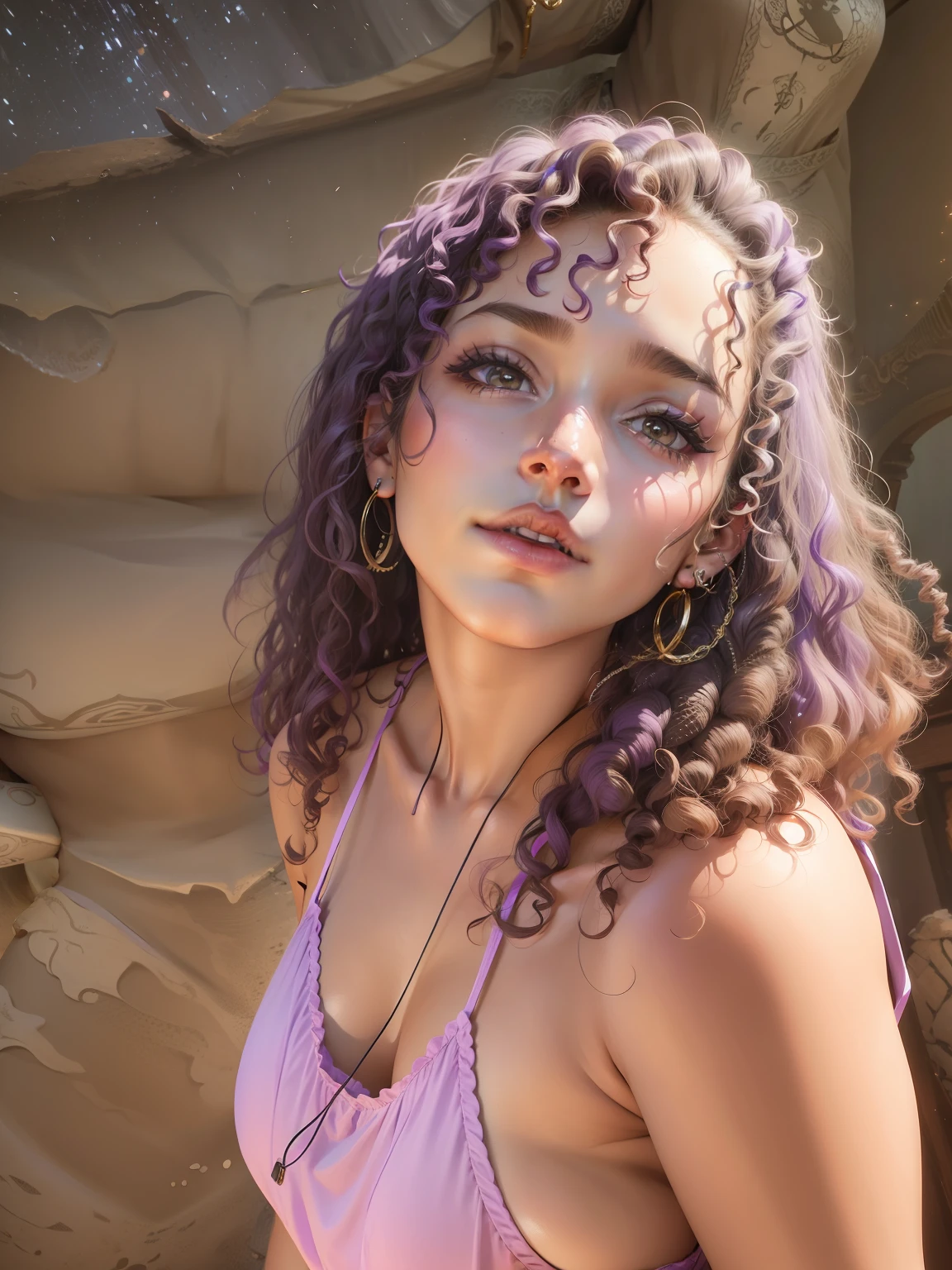 Curly brown hair with purple highlights, dark fair skin, eyebrow piercing