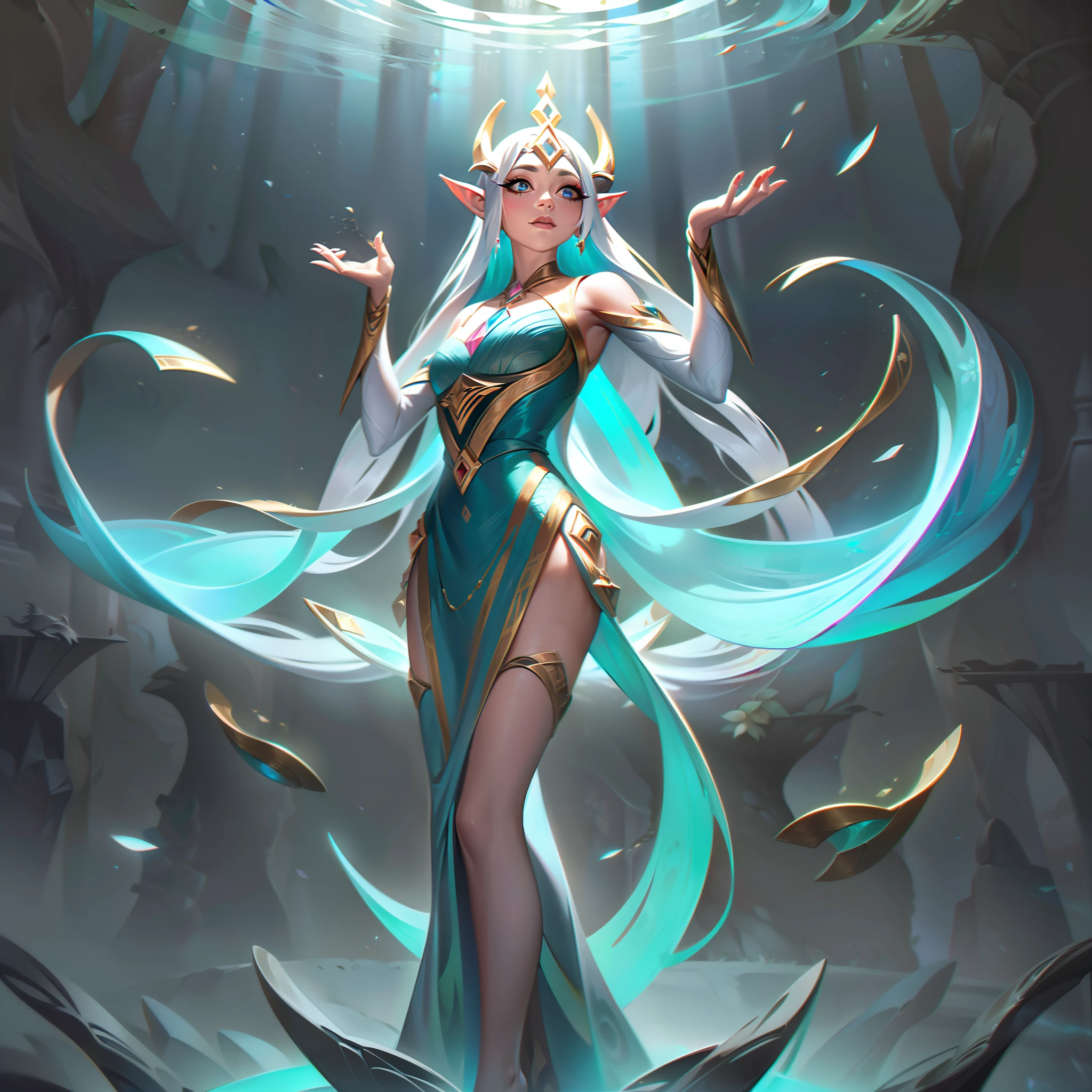 ((melhor qualidade)), ((obra-prima)), (detalhado: 1.4), ....3d, In the splash art of the base skin, Ekyzia, The Devotee of Aelrindel, is portrayed in all her ethereal splendor. Her elven features exude tranquility, framed by cascading moonlit silver hair that seemingly flows with the gentle breeze. Her almond-shaped eyes emit a serene glow, reflecting the wisdom of the ancient forest. She wears an elegant, flowing robe adorned with intricate nature-themed patterns, blending seamlessly with the lush verdant background of Verdano. Elven runes and celestial symbols dance across her attire, hinting at her mystical connection with Aelrindel. Wrapped around her slender arms are delicate, vine-like bands, each adorned with radiant crystals that flicker with enchanting light. On her slender fingers, glowing rings symbolize the celestial bond she shares with the guardians of the stars. Ekyzia stands in a poised and graceful pose, her hands gently cupped, as if summoning the very essence of nature itself. Her surroundings seem to respond to her presence; leaves gently flutter in mid-air, petals cascade from unseen blossoms, and even the moon above illuminates the serene scene with a soft, silvery glow. In the distance, majestic ancient trees tower, serving as a testament to the timeless bond between Ekyzia and the realm she cherishes. The base skin splash art captures Ekyzia in her purest form, embodying her role as the devoted priestess and guardian of the sacred forest, inviting viewers to immerse themselves,HDR (high dynamic range),ray tracing,NVIDIA RTX,Super-Resolution,Unreal 5,Subsurface dispersão, Textura PBR, Post-processing, anisotropic filtering, profundidade de campo, Maximum clarity and sharpness, texturas multicamadas, Albedo e mapas Speculares, surface shading, Accurate simulation of light-material interaction, perfectly proportions, octan render, Two-tone lighting,Abertura ampla,ISO baixo,White balance,thirds rule,8K BRUTO,
