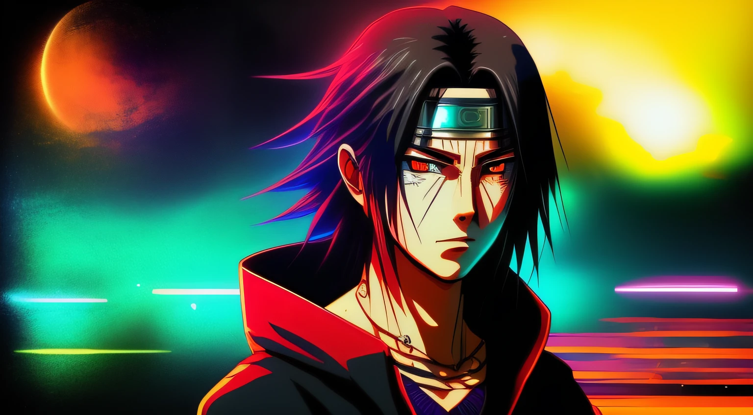 Estilo Cyberpunk Uchiha Itachi Detalhado, futurista (neon light: 1.1) Desgaste reflexivo, scientific fiction, Robot Parts, Gold Parts, EF 50mm Facial Cinematographic Light Machine, ((arte por Greg Rutkowsky)), (ghibli studio: 1.1), Artgern, arte, illustration, ((Ambiente escuro)), ((Vegnette)), ((HDR)) ((Minimum palette colors)), tons suaves, cores suaves, cores fracas, calmas, cores pastel altamente detalhadas, detalhes intrincados