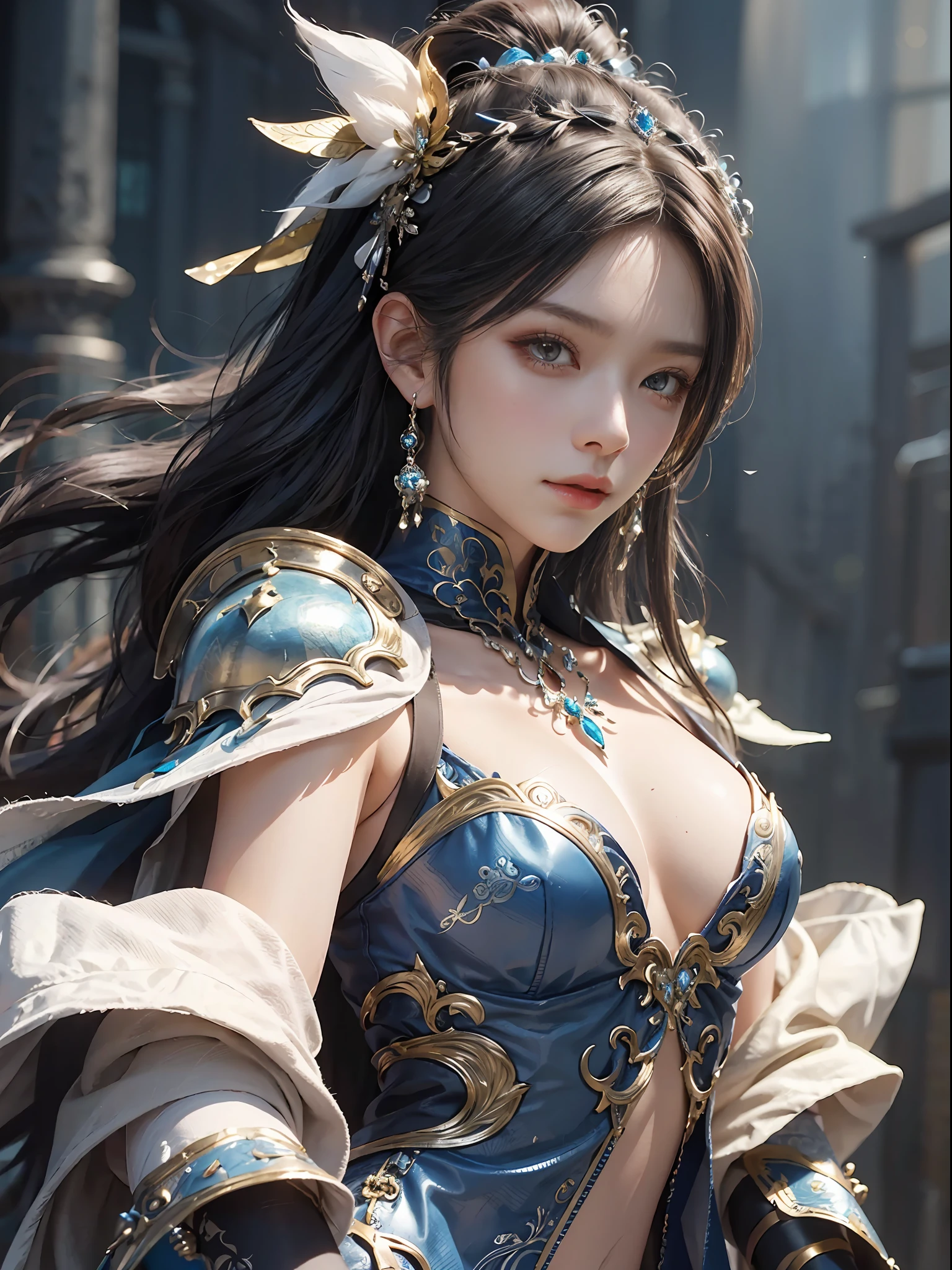 Confident expression, A confident look, Knee shot of a woman in a silver blue dress(KS: knee shot), Cheng Weifan Art Station (Cheng Weipan Art Station), Xiuxian technical sense, detailed fantasy art, stunning character art, epic exquisite character art, beautiful armor, Highly detailed art budding, detailed digital anime art, Art Station Pixiv on Artgerm, armor girl, Exquisite intricate headdresses and jewelry, Confident expression, A confident look