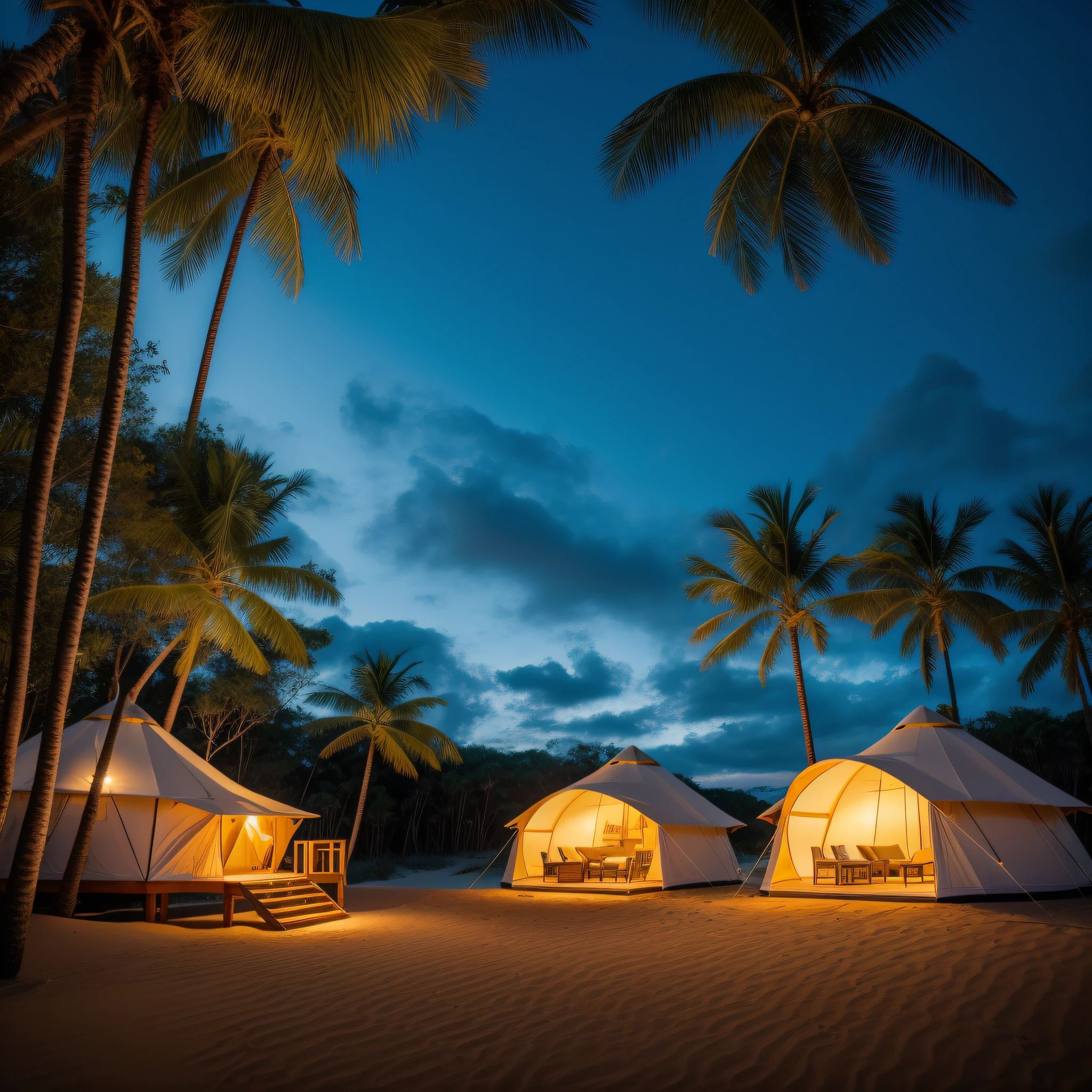 Contemporary luxury glamping camp in the tropical dunes of northeastern Brazil Sand dunes around many modern eco-tents. strong edge lighting, Contraste suave, 8k UHD, DLSR, stands, Dark lighting, alta qualidade, altamente detalhado, excellent composition, cinemactic, 50 millimeters