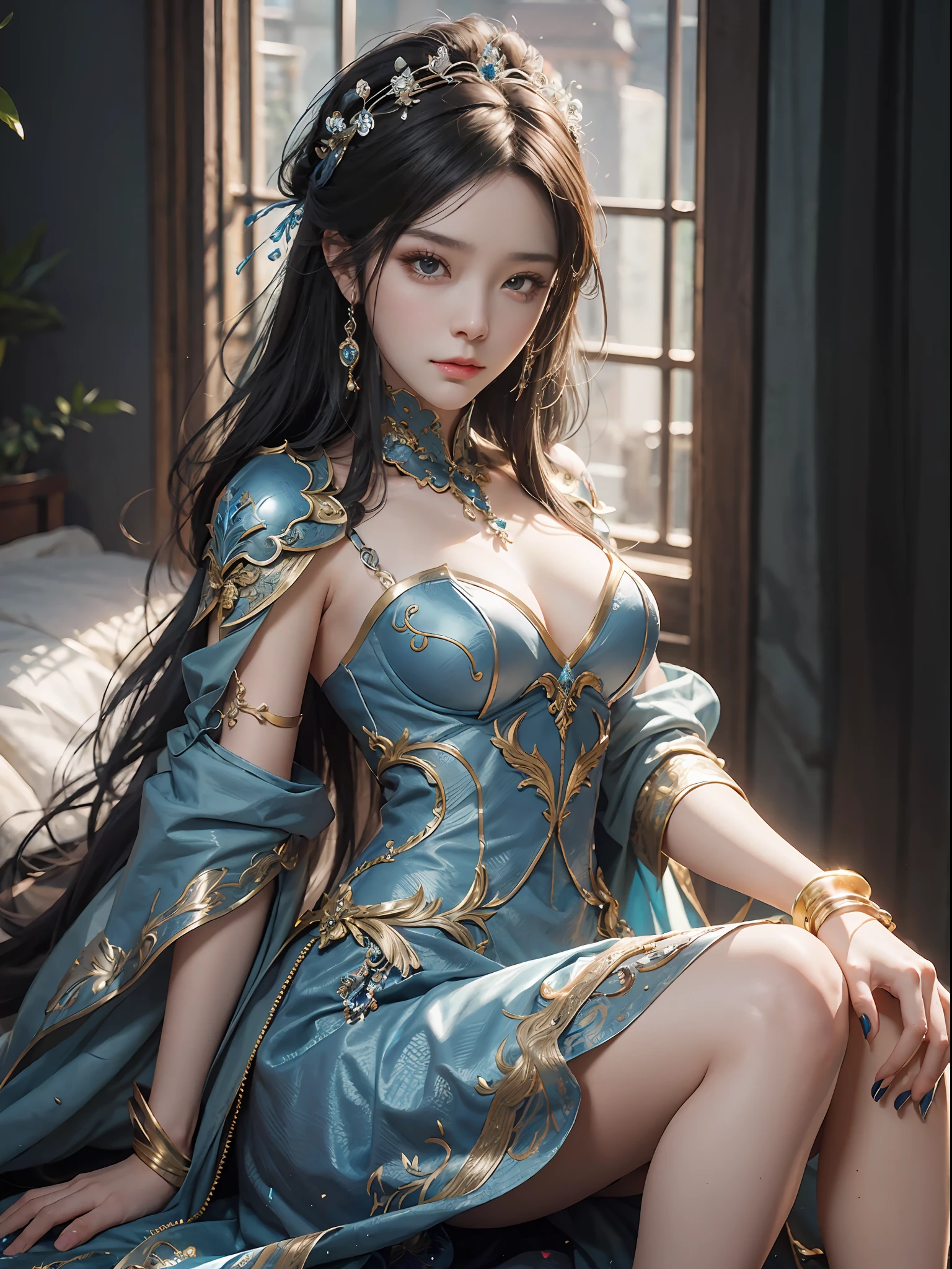 Confident expression, A confident look, Knee shot of a woman in a silver blue dress(KS: knee shot), Cheng Weifan Art Station (Cheng Weipan Art Station), Xiuxian technical sense, detailed fantasy art, stunning character art, epic exquisite character art, beautiful armor, Highly detailed art budding, detailed digital anime art, Art Station Pixiv on Artgerm, armor girl, Exquisite intricate headdresses and jewelry, Confident expression, A confident look