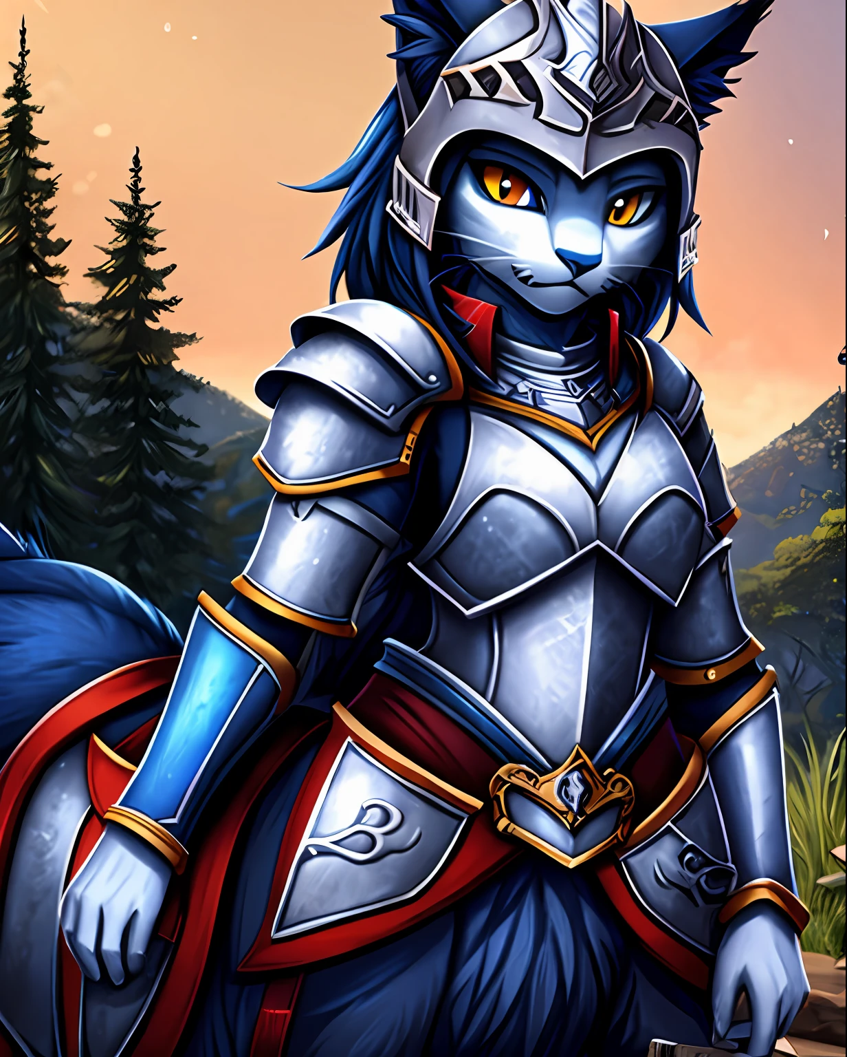 Khajiit, navy-blue fur, taur, sky-blue and white armor with the chest piece having a creepy face on it, white helm with red wisps, masterpiece, best quality