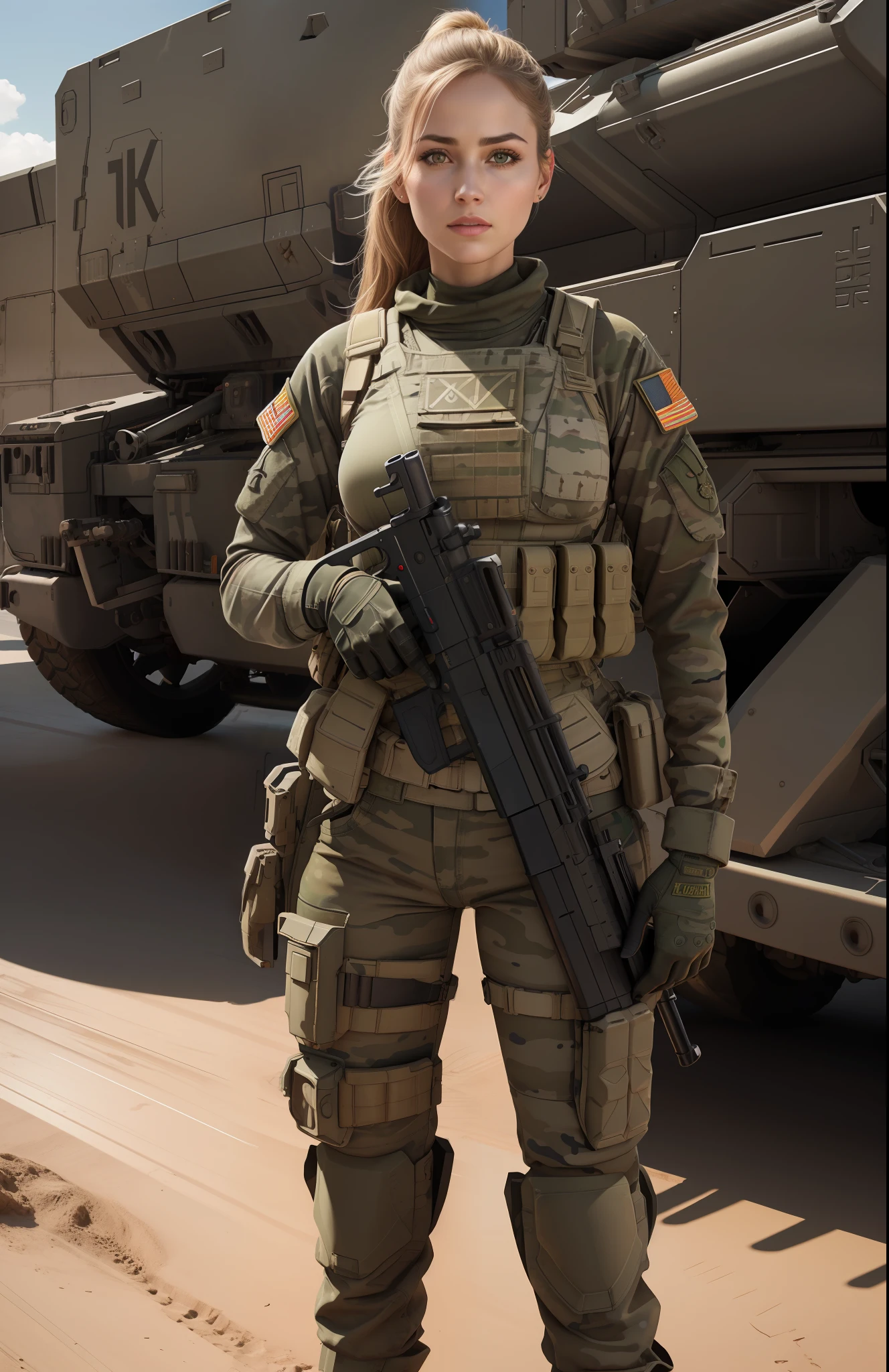 Gorgeous and fearless female soldier, fit body, holding big gun, warzone in the background, full detail face,  killing eyes, high detail, realistic, photo quality, high quality,  (photorealistic:1.4), science fiction, highly detailed, masterpiece, High-quality shadow,