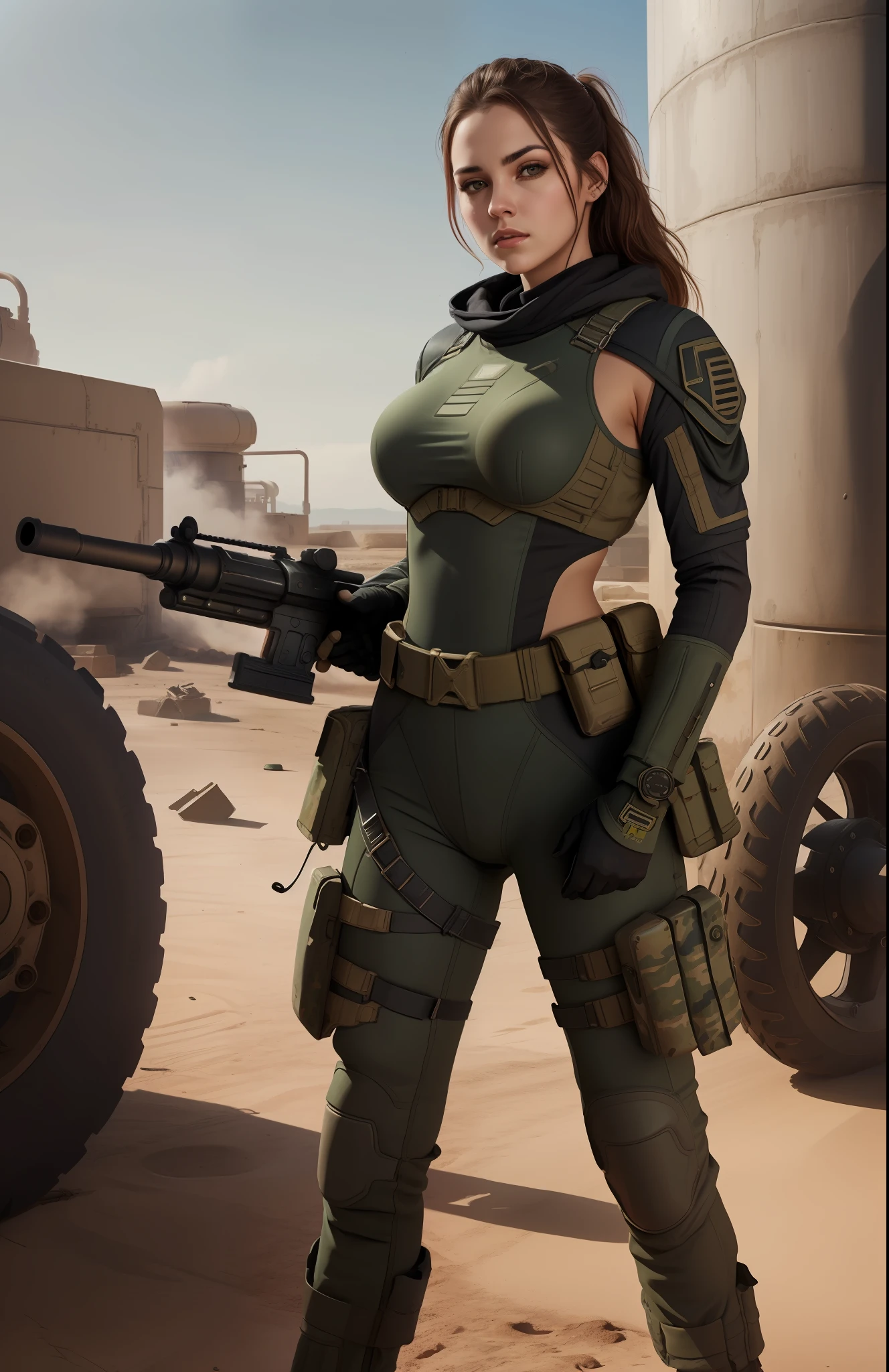 Gorgeous and fearless female soldier, fit body, holding big gun, warzone in the background, full detail face,  killing eyes, high detail, realistic, photo quality, high quality,  (photorealistic:1.4), science fiction, highly detailed, masterpiece, High-quality shadow,