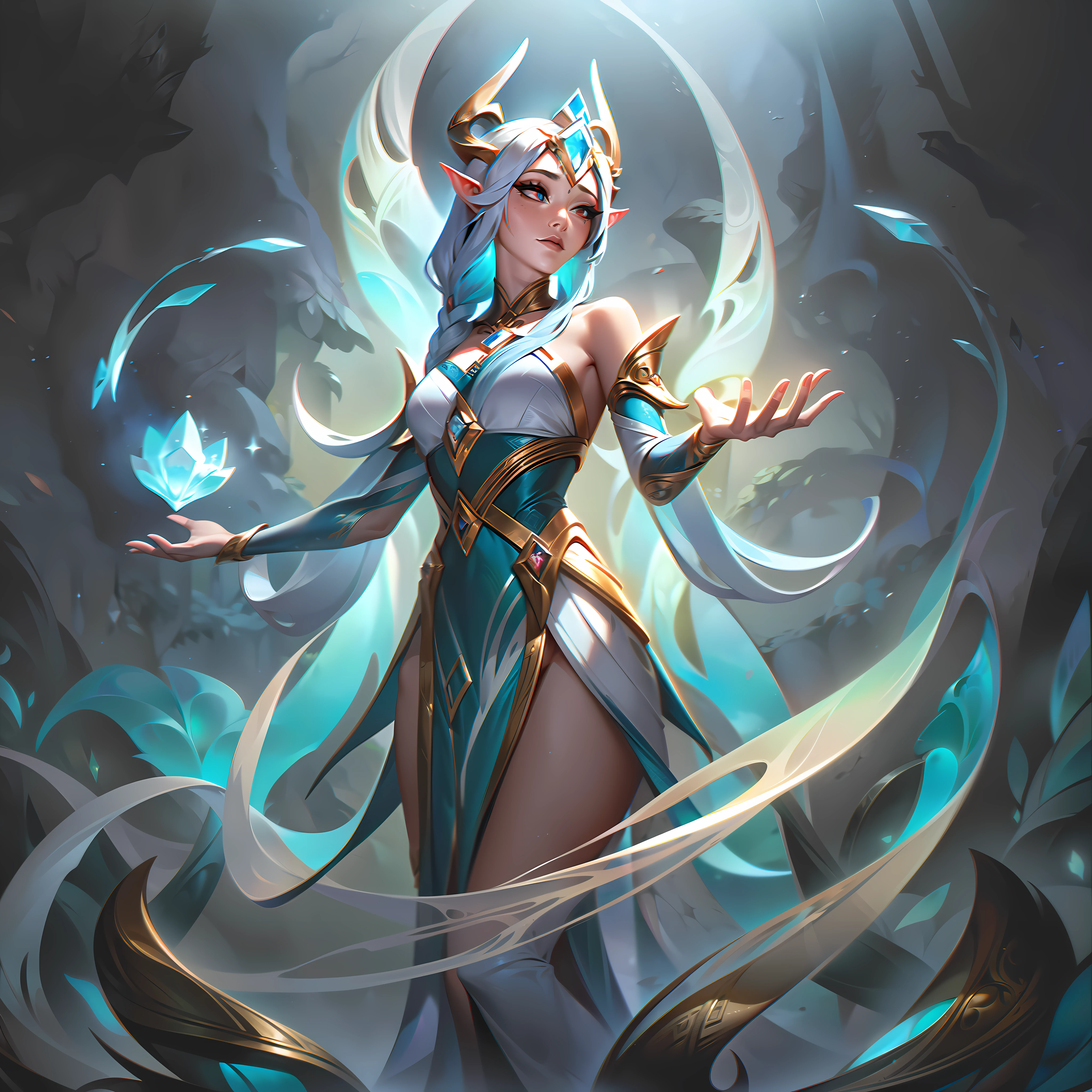 ((melhor qualidade)), ((obra-prima)), (detalhado: 1.4), ....3d, In the splash art of the base skin, Ekyzia, The Devotee of Aelrindel, is portrayed in all her ethereal splendor. Her elven features exude tranquility, framed by cascading moonlit silver hair that seemingly flows with the gentle breeze. Her almond-shaped eyes emit a serene glow, reflecting the wisdom of the ancient forest. She wears an elegant, flowing robe adorned with intricate nature-themed patterns, blending seamlessly with the lush verdant background of Verdano. Elven runes and celestial symbols dance across her attire, hinting at her mystical connection with Aelrindel. Wrapped around her slender arms are delicate, vine-like bands, each adorned with radiant crystals that flicker with enchanting light. On her slender fingers, glowing rings symbolize the celestial bond she shares with the guardians of the stars. Ekyzia stands in a poised and graceful pose, her hands gently cupped, as if summoning the very essence of nature itself. Her surroundings seem to respond to her presence; leaves gently flutter in mid-air, petals cascade from unseen blossoms, and even the moon above illuminates the serene scene with a soft, silvery glow. In the distance, majestic ancient trees tower, serving as a testament to the timeless bond between Ekyzia and the realm she cherishes. The base skin splash art captures Ekyzia in her purest form, embodying her role as the devoted priestess and guardian of the sacred forest, inviting viewers to immerse themselves,HDR (high dynamic range),ray tracing,NVIDIA RTX,Super-Resolution,Unreal 5,Subsurface dispersão, Textura PBR, Post-processing, anisotropic filtering, profundidade de campo, Maximum clarity and sharpness, texturas multicamadas, Albedo e mapas Speculares, surface shading, Accurate simulation of light-material interaction, perfectly proportions, octan render, Two-tone lighting,Abertura ampla,ISO baixo,White balance,thirds rule,8K BRUTO,