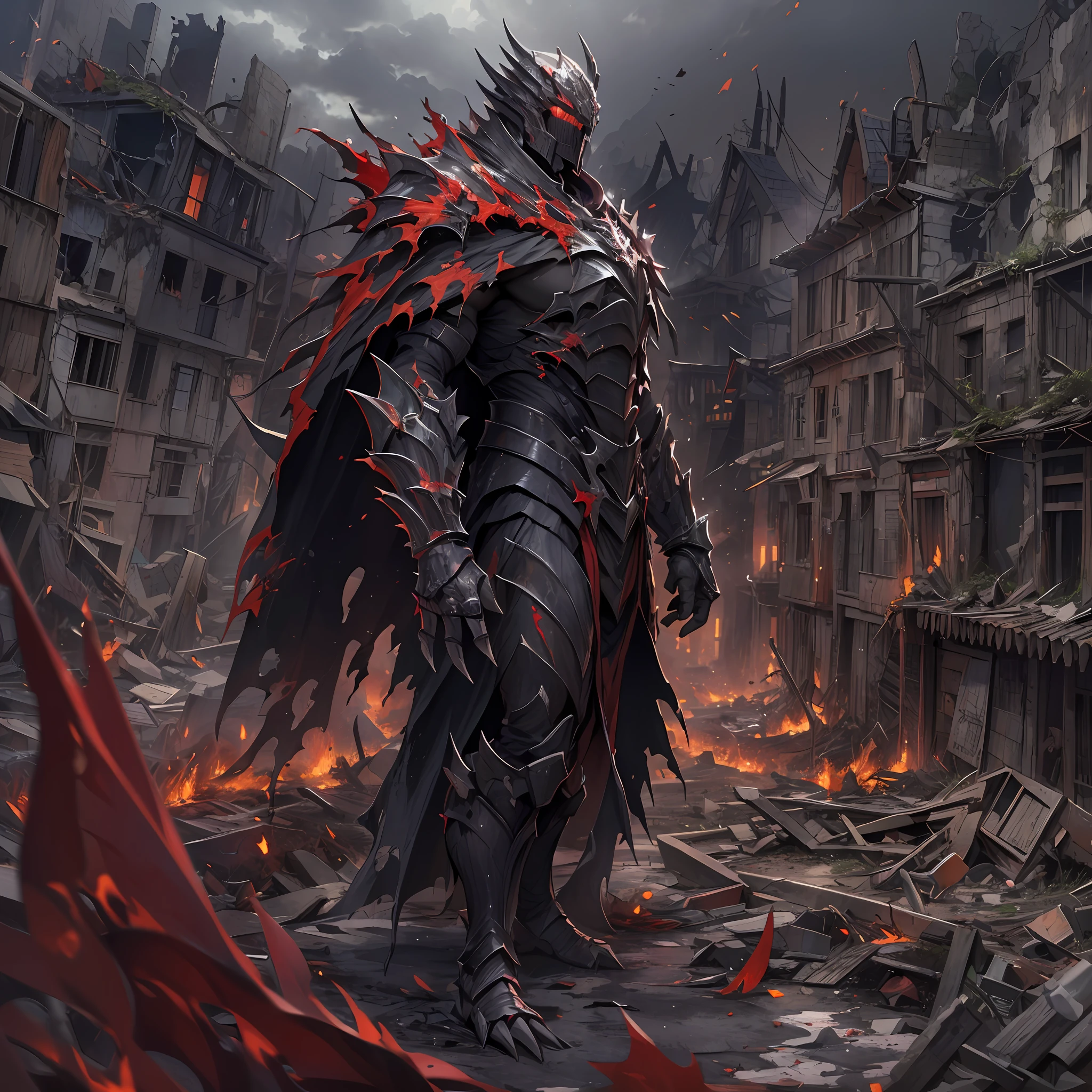 (absurdres, highres, ultra detailed),(Masterpiece, best quality:1.2),1monster, humanoid Monster,black armour,red torn cape, abandoned and destroyed city