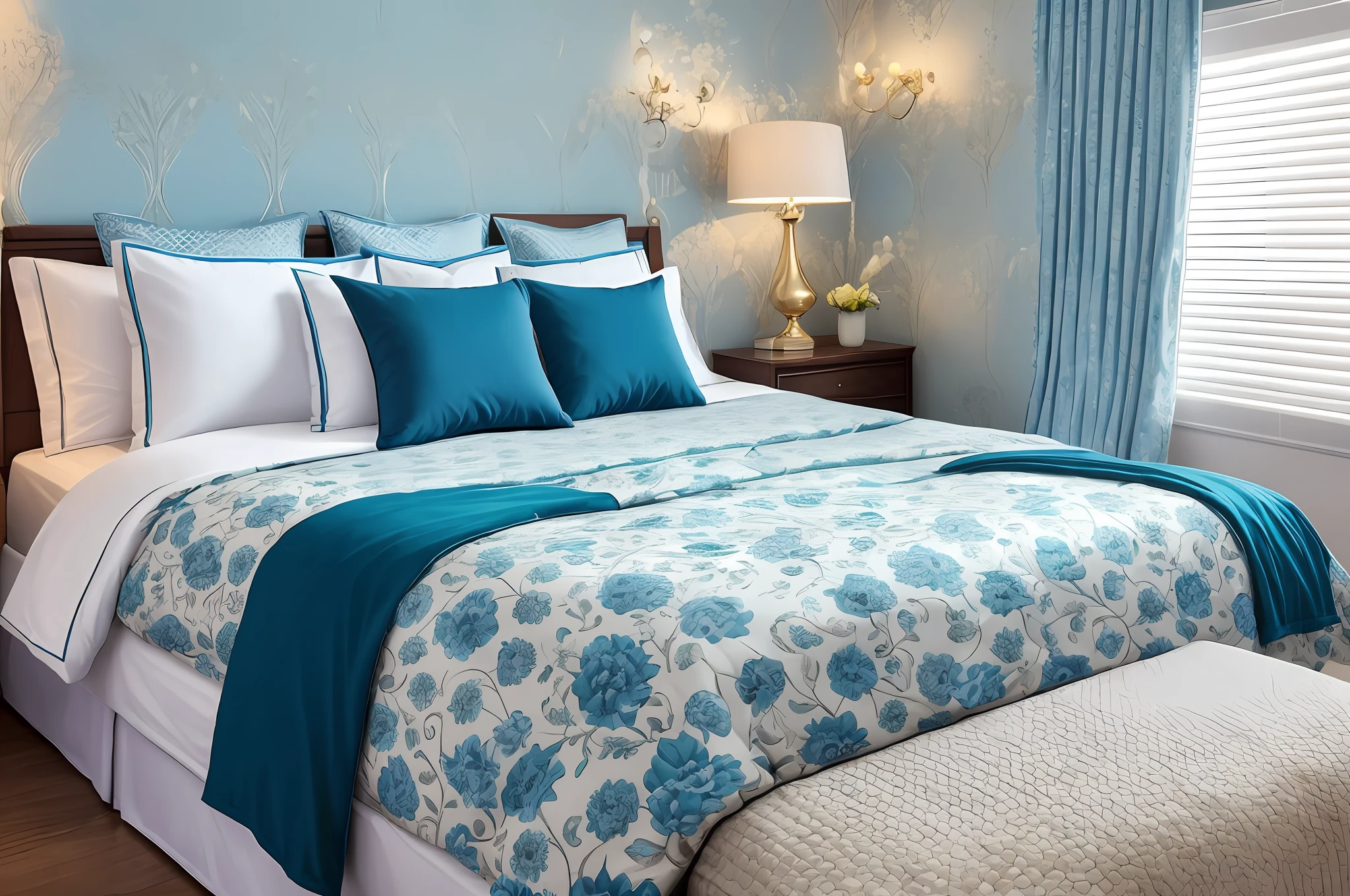 a beautiful double bedroom, beautifully decorated in shades of blue, white and gold, with a very beautiful double bed, very beautiful luxury bedroom decor. --auto --s2