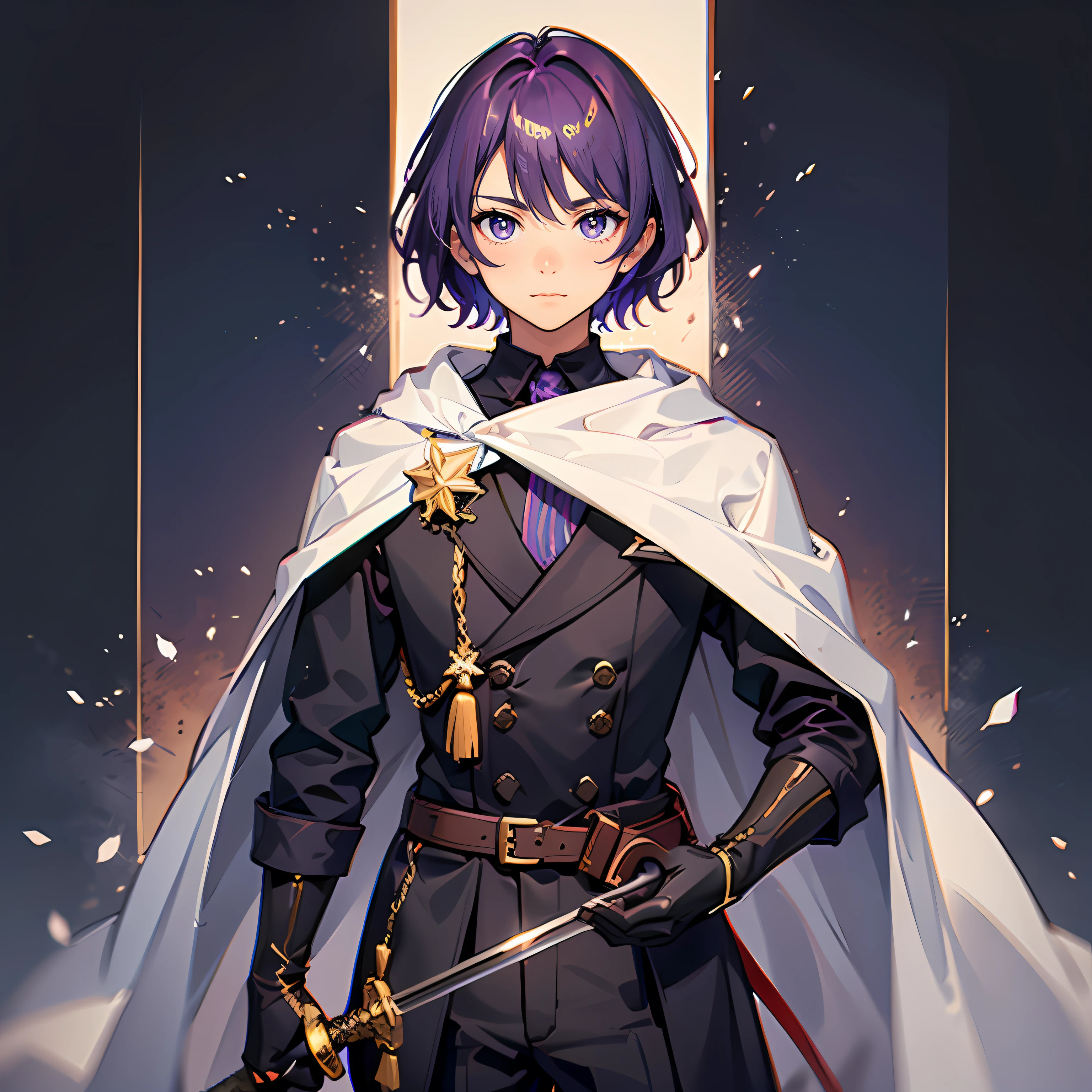 The best picture quality, Masterpiece Level, Master class on high-quality high-quality oil painting, A 14-year-old boy with a young face, Approx. 160 centimeters, beatiful face, purple hair, purple pupils, black mantle, white military uniform, holding a black long sword in both hands, standing straight, Rigidity and softness, symbolizing the perfect combination of strength and beauty.