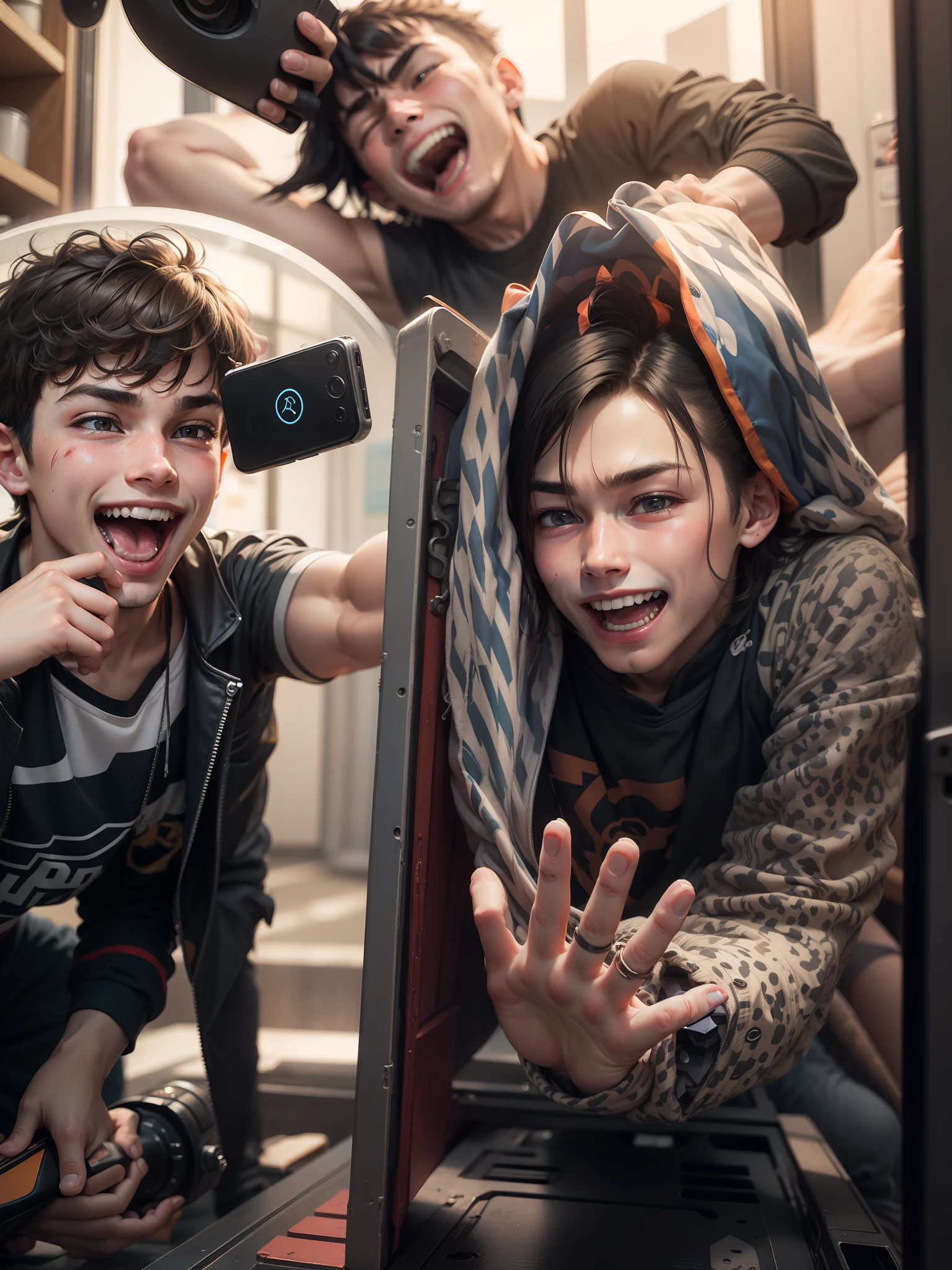 boys, machine, laughter, Funny, taking selfies, Beating