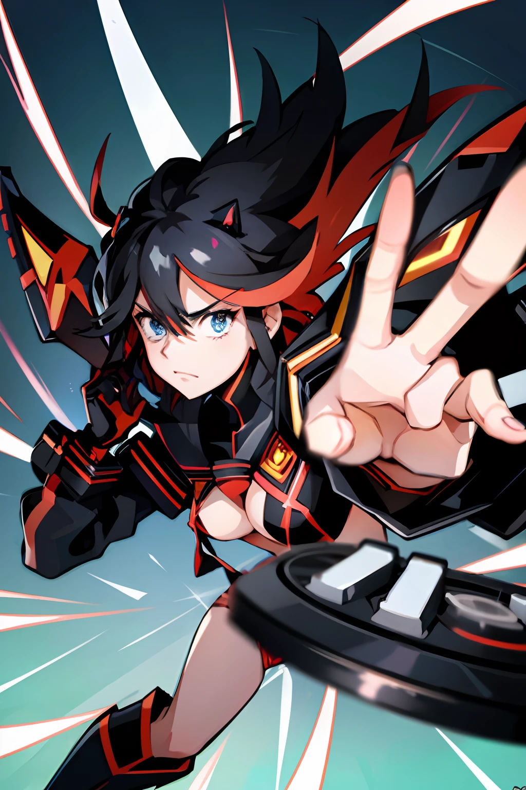 A solo shot featuring  matoi ryuuko
matoi ryuuko b a DJ, showcasing her skills on the turntables at a vibrant rave.