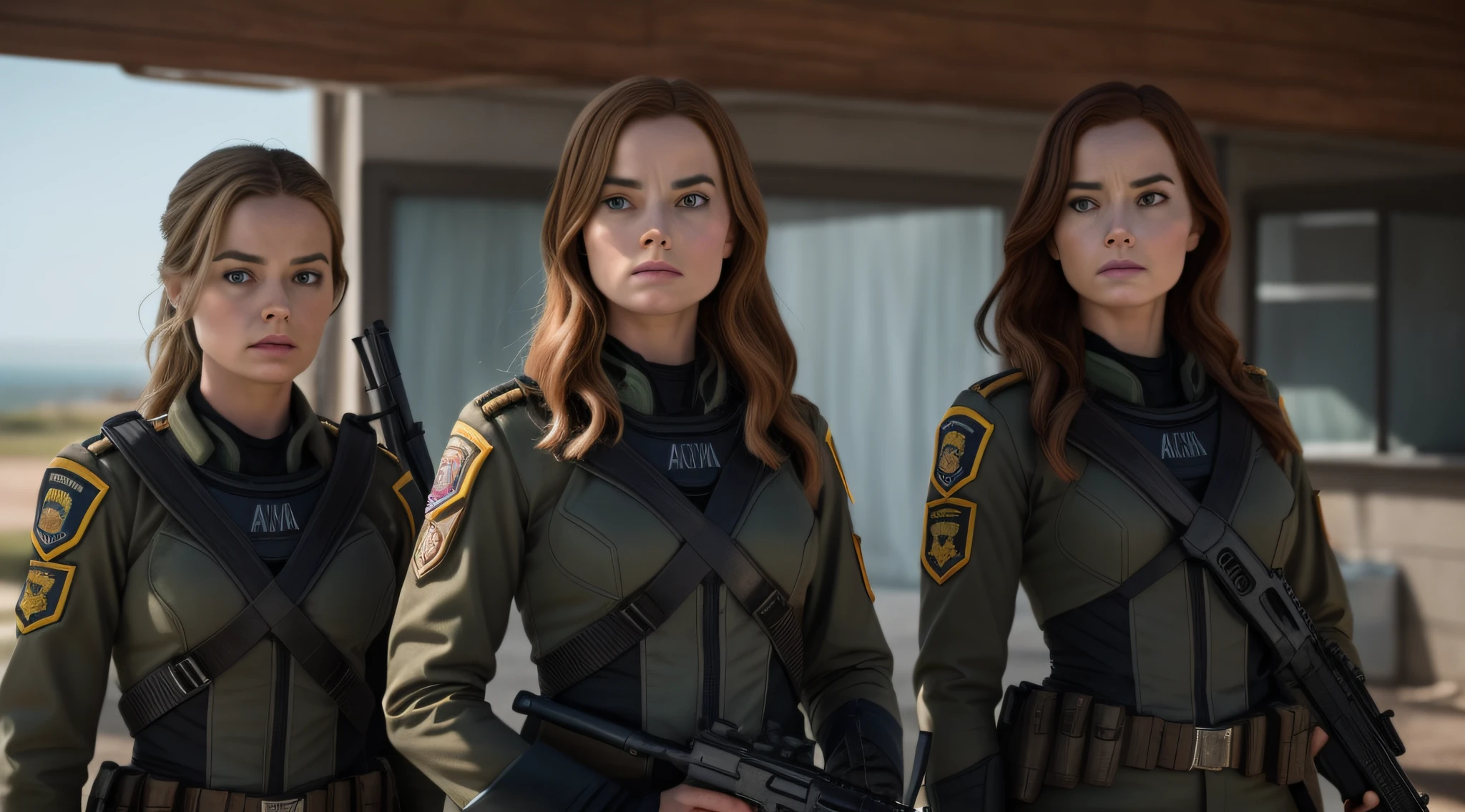 Two uniformed women holding guns and looking into the camera, meninas de infantaria naval inspirada em Margot Robbie e Karen Gillan, ainda de um filme live action, Directed by: Fernando Gerassi, 8 k filme ainda, ainda do filme, Filmado do filme, olhar intenso, captura de tela de um filme, medium shot of two characters, Soldados, 4k ainda, filme ainda do filme