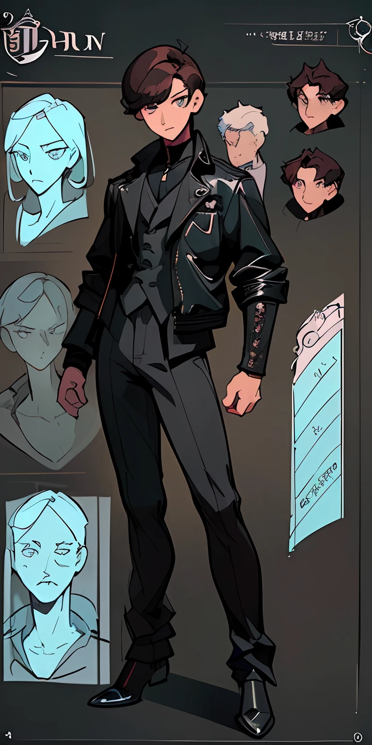 ((Masterpiece))), (((Best Quality))), ((Ultra-detailed)), (very detailed illustration), cinematiclight,, 1guy ((Character Sheet)), (Concept art), ((full - body)), (Masterpiece: 1.2), (Best Quality: 1.3), 1guy, standup, A guy in a formal suit and a short black leather jacket. dark colored hair, Cyan eyes