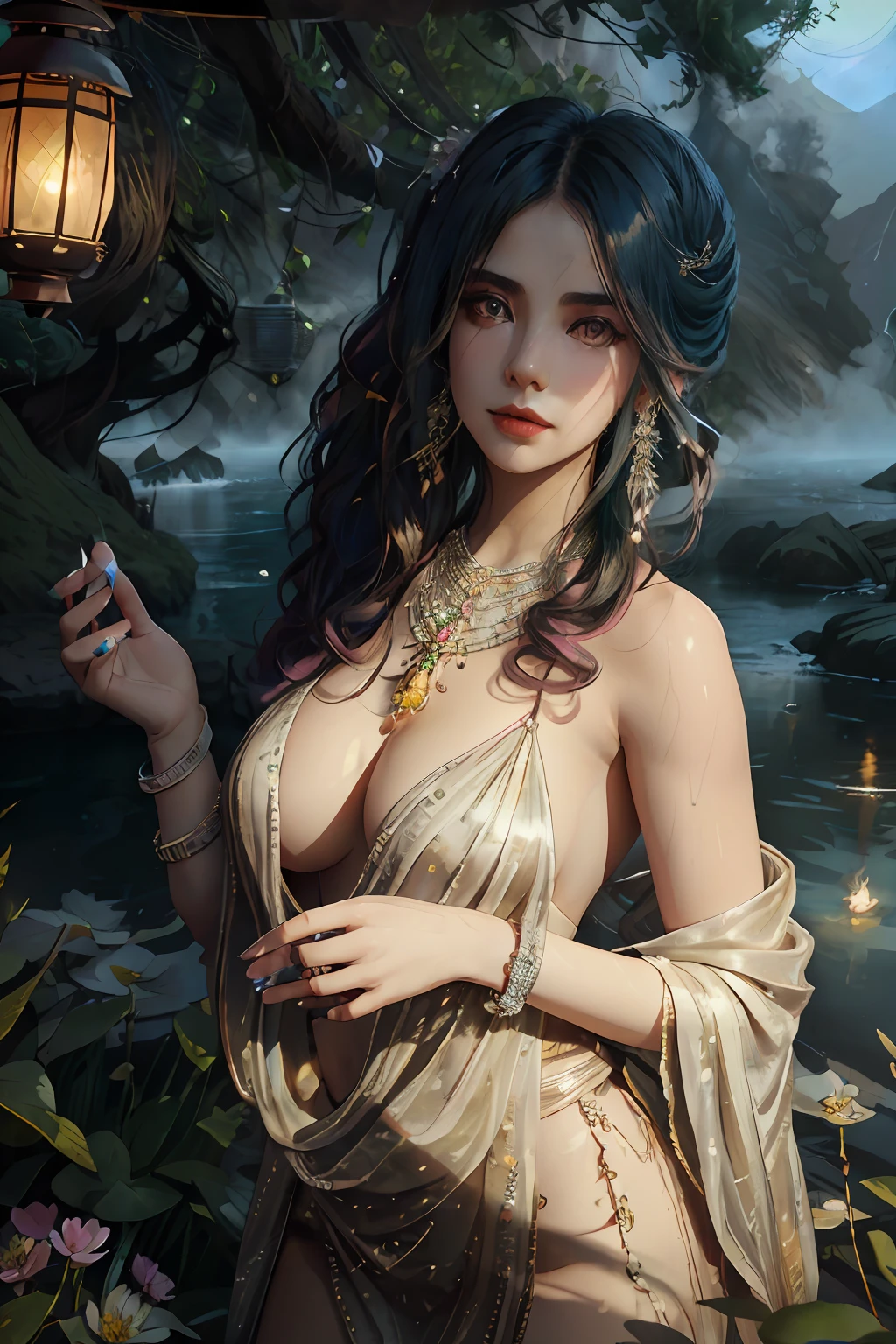 ((realistic: 1.5)),((best quality)), ((masterpiece)),((detailed)), (1girl), {a beautiful woman in a Sari}, full body,super wide angle lens, focus facial, young girl, sexy, toned muscles, long legs, female curves, barefoot, large firm breasts, open neckline, beautiful breasts with pink peeps, thick thighs, wide hips, slender legs, green eyes, long black hair, hair floating, long eyelashes, (detailed face, beautiful eye, detailed pupils, detailed clothing features, light background: 1.3), (Bindi, Jhumkas: 1.3), (Armlet, Haar, Payal, Maang Tikka, Jhumkas, Kamarband, Bangles :1.3), mysterious ancient ruin, lush forests, deep canyons, bridge, river, cliff, cloud, lakes, rock, waterfalls, flowers, grass, fog, vine, tree, smoke, best shadow, bright details, sharp, perfect composition , intricate, sharp focus, dramatic, by Frank Frazetta, by Julie Bell, by Olivia De Berardinis, by Luis Royo,by Boris Vallejo, (specular lighting:1.3),edge lighting, princess playing with water, riverbank, clothing scanty royal interior, random royal color, lying on the floor, thirsty face, erotic face, parted lips, almost naked, slipped down underwear, fog, floating antique clock, lamp and lantern, night light, visible public fair, visible breasts , small and firm breasts, beautiful small breasts with pink breasts, transparent clothes wet with water, mandala and flower tattoos, slight smile, sensual gaze, provocative gaze, waterfall, garden with pond,