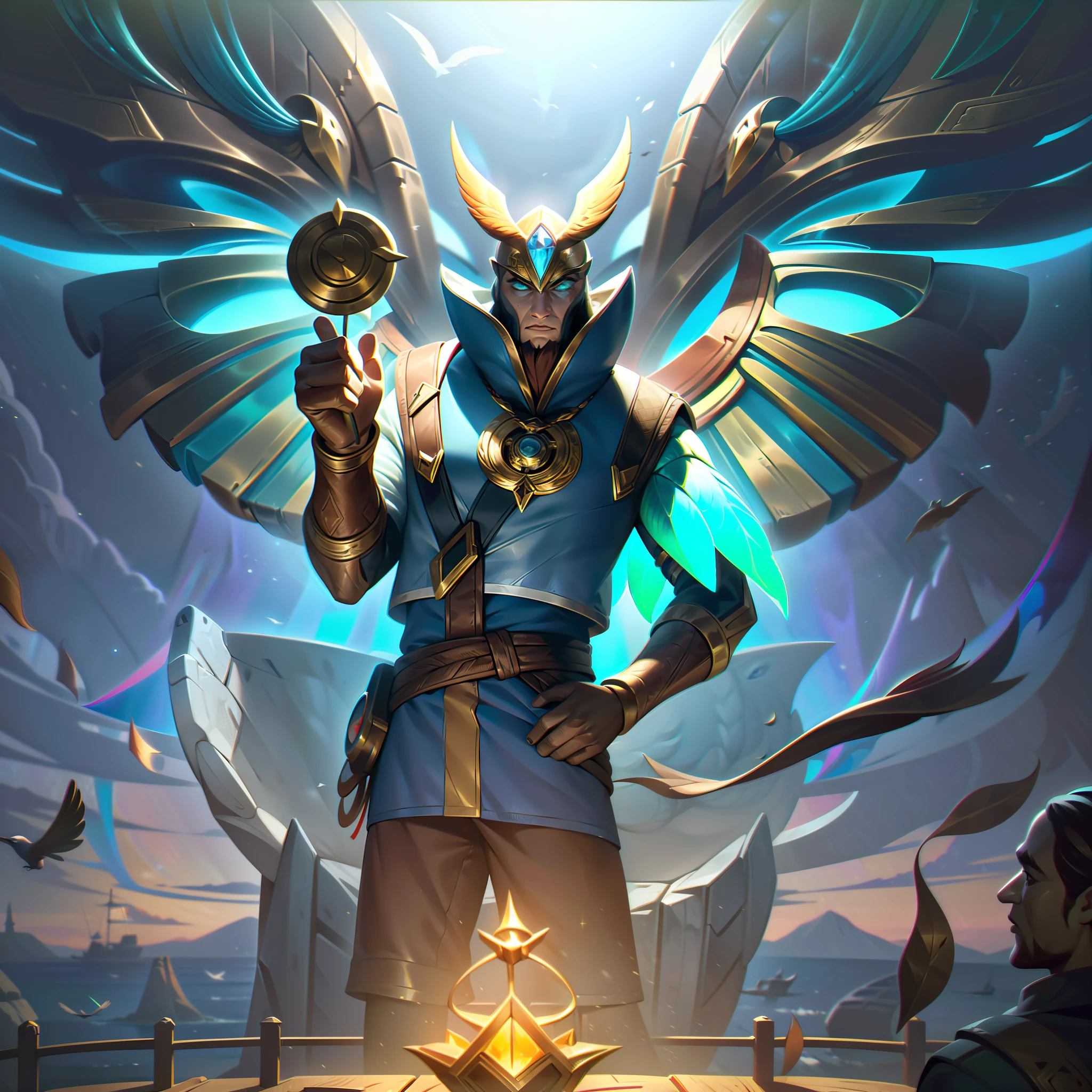 In the splash art of the base skin, Ryzhepy, The Inspiring Skipper, takes center stage, exuding an air of confidence and leadership. His avian features are brought to life with majestic wings extending from his back, their feathers shimmering with vibrant colors, resembling the hues of the sky at dawn. His half-human, half-avian appearance showcases his unique lineage, with keen eyes glowing with determination and wisdom. Ryzhepy's captain attire blends human and avian elements, adorned with navigational instruments, compasses, and intricate nautical motifs, highlighting his expertise in sailing the boundless skies. Around his neck, a compass pendant hangs, pointing him in the direction of his next grand adventure. In one hand, he holds his trusty compass, while the other clutches a weathered map, symbolizing his relentless pursuit of unity among the skyfolk. A faint glow surrounds him, a representation of the uplifting aura he radiates to inspire his allies. The background showcases the awe-inspiring scenery of Mahoutori, with floating islands and airships adorning the skies, a testament to his maritime escapades. With a steely gaze and a sense of purpose, Ryzhepy stands as a beacon of hope and leadership, ready to set sail and inspire all who dare to dream alongside him in the wondrous world of Chrysogi.