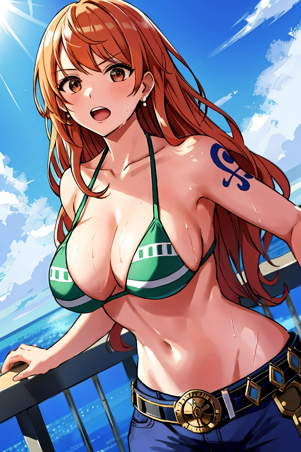 detailed background, masterpiece, 4k, epic, best quality, late youth, adult, wrestler body, wrestling, 1girl, active, energic, (large mouth) , solo, nami \(one piece\), 1girl, bangle, (very wet, yawning, drenched in sweat, sweat all over body, very wet hair, messy hair, tired, open mouth, exhausted, shouting, sweaty face, sweaty body, sweating too much, blushing, shiny sweat, leaning, hands on hips, serious, glaring, open eyes, perfect detailed face, round face, sweat on face) bold drawing lines, muscular arms, detailed bold arm lines, flat jaw, adult woman, wavy wide streaked bangs, floating bang, (big cheeks), bare shoulders, off-shoulders, belt, bikini, bikini top only, blue sky, bracelet, springy breasts, breast lines, big round eyes, very big brown shiny eyes, bubbles, high eye position, cleavage, cloud, day, denim, earrings, floating hair, shiny hair, green belt, green bikini, bold groin lines, jeans, jewelry, medium breasts, log pose, long hair, looking at viewer, big navel, wet hair, orange hair, pants, shoulder tattoo, sidelocks, sky, solo, standing, stomach, swimsuit, tattoo , looking at viewer, open mouth, detailed left arm, big forehead, hourglass figure, small head, toned body, wide hair, wind effect, sun effect, under the sun, narrow small ears angle, older, random poses,