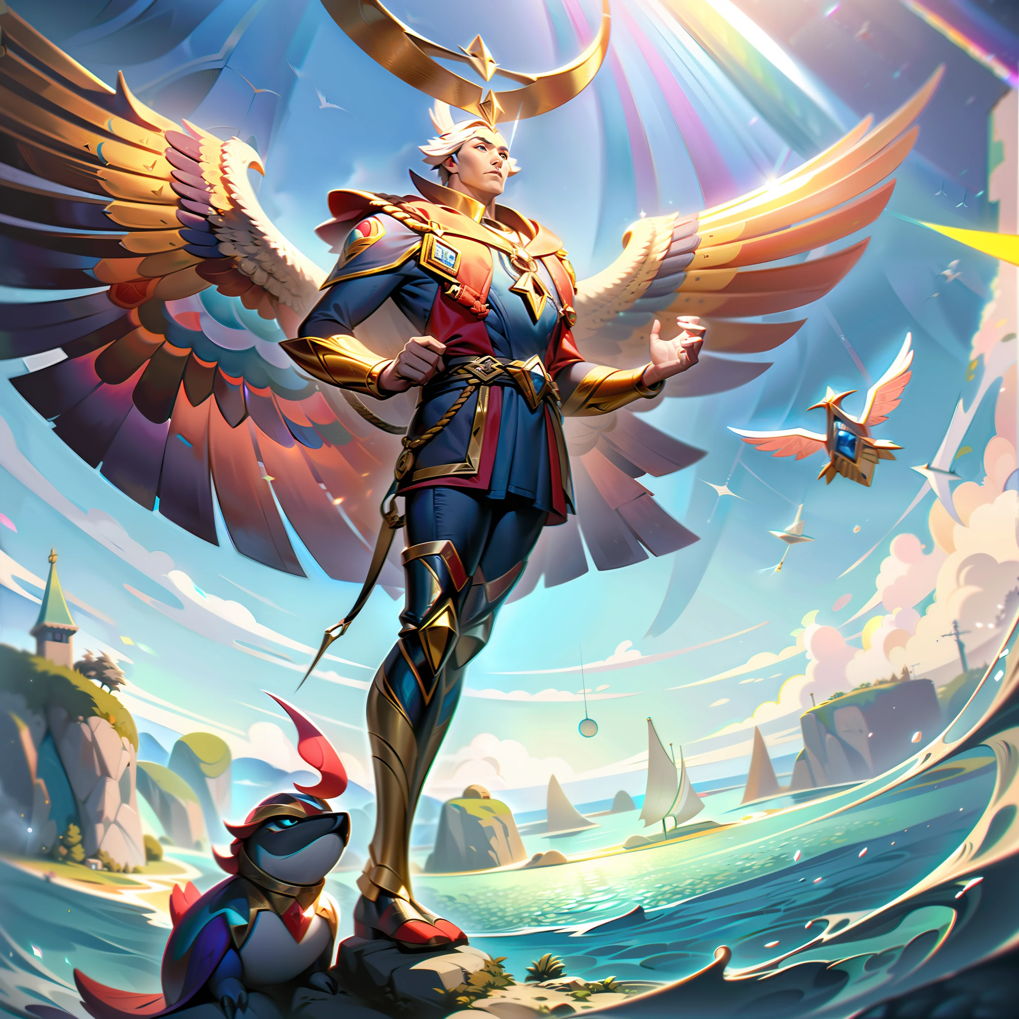 ((melhor qualidade)), ((obra-prima)), (detalhado: 1.4), ......3d, Na arte splash da pele base, Ryzhepy, The Inspiring Captain, assume o centro do palco, exuding an air of confidence and leadership. Its avian features are brought to life with majestic wings extending from its back, suas penas cintilantes com cores vibrantes, remembering the tones of the sky at dawn. Seu meio-humano, The semi-avian appearance shows its unique lineage, with keen eyes shining with determination and wisdom. Ryzhepy's captain's costume mixes human and avian elements, adorned with navigational instruments, Compasso, and intricate nautical motifs, highlighting your experience navigating the skies without limits. Around his neck, a hanging compass pendant, pointing you in the direction of your next big adventure. In one hand, He holds his trusty compass, enquanto o outro agarra um mapa desgastado, symbolizing his relentless quest for unity among the heavens. Um leve brilho o rodeia, a representation of the uplifting aura he radiates to inspire his allies. The background shows Mahoutori's inspiring scenery, with floating islands and airships adorning the skies, a testament to his sea escapades. With a look of steel and a sense of purpose, Ryzhepy stands as a beacon of hope and leadership, pronto para zarpar e inspirar todos os que ousam sonhar ao seu lado no maravilhoso mundo de Chrysogi, convidando os espectadores a mergulhar,HDR (high dynamic range),ray tracing,NVIDIA RTX,Super-Resolution,irreal 5,Subsurface dispersão, Textura PBR, Post-processing, anisotropic filtering, profundidade de campo, Maximum clarity and sharpness, texturas multicamadas, Albedo e mapas Speculares, surface shading, Accurate simulation of light-material interaction, perfectly proportions, octan render, Lighting and