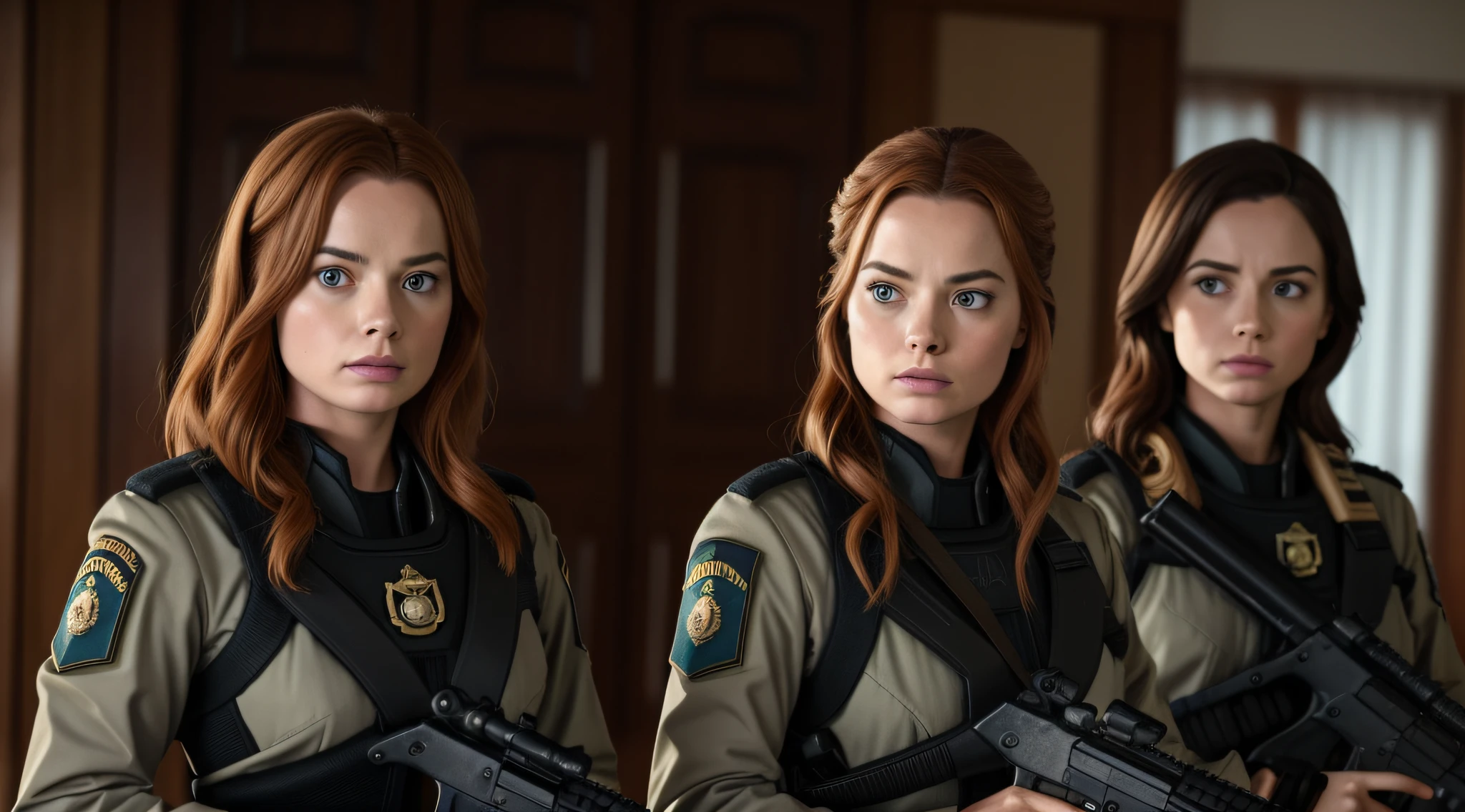 Two uniformed women holding guns and looking into the camera, meninas de infantaria naval inspirada em Margot Robbie e Karen Gillan, ainda de um filme live action, Directed by: Fernando Gerassi, 8 k filme ainda, ainda do filme, Filmado do filme, olhar intenso, captura de tela de um filme, medium shot of two characters, Soldados, 4k ainda, filme ainda do filme
