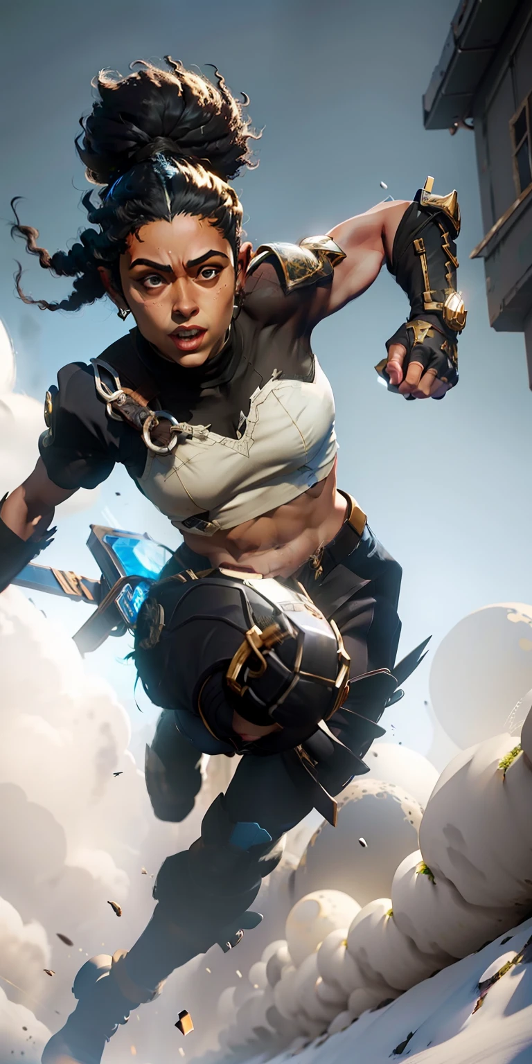 obra-prima, melhor qualidade, uma mulher negra de pele escura com um tecido transparente, on a deserted street at night, corte de cabelo afro grade e bem cacheado, barriga, sorriso, ultra insane signings, detalhes intrincados extremos, dental gap, bunda redonda HDR, natural lightting, Volumetric shading, dynamic fighting pose, hiper-realista, lifelike lighting, Shadows Dramatic, Rigid focus, alto contraste, Dramatic shadows of dramatic perspective, with a sword in her hand, pisando em um corpo, botas longas preta