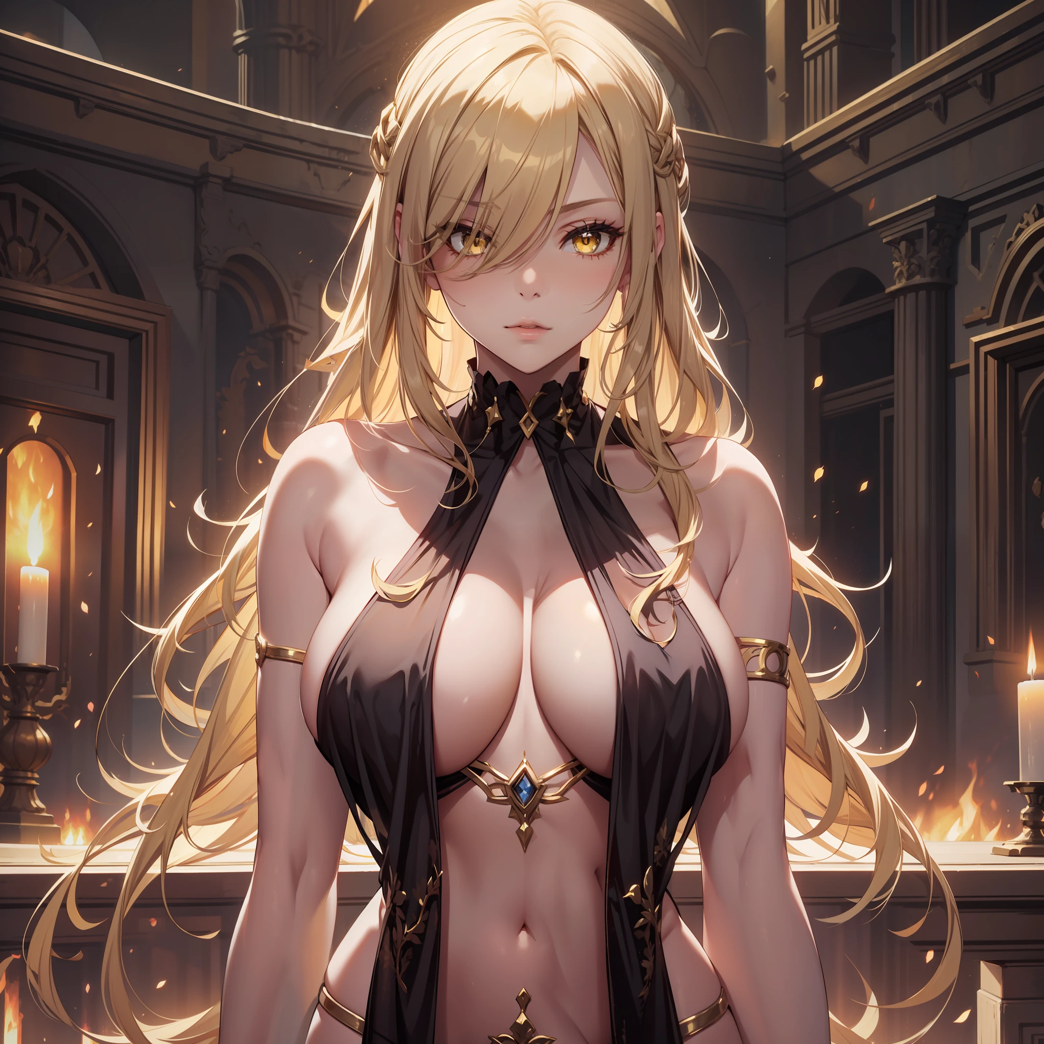 crucified, beautiful, marika, queen marika, black dress, plunging neckline, blonde hair, yellow eyes, breast curtains, pelvic curtain, sexy, sensual, hair over right eye.