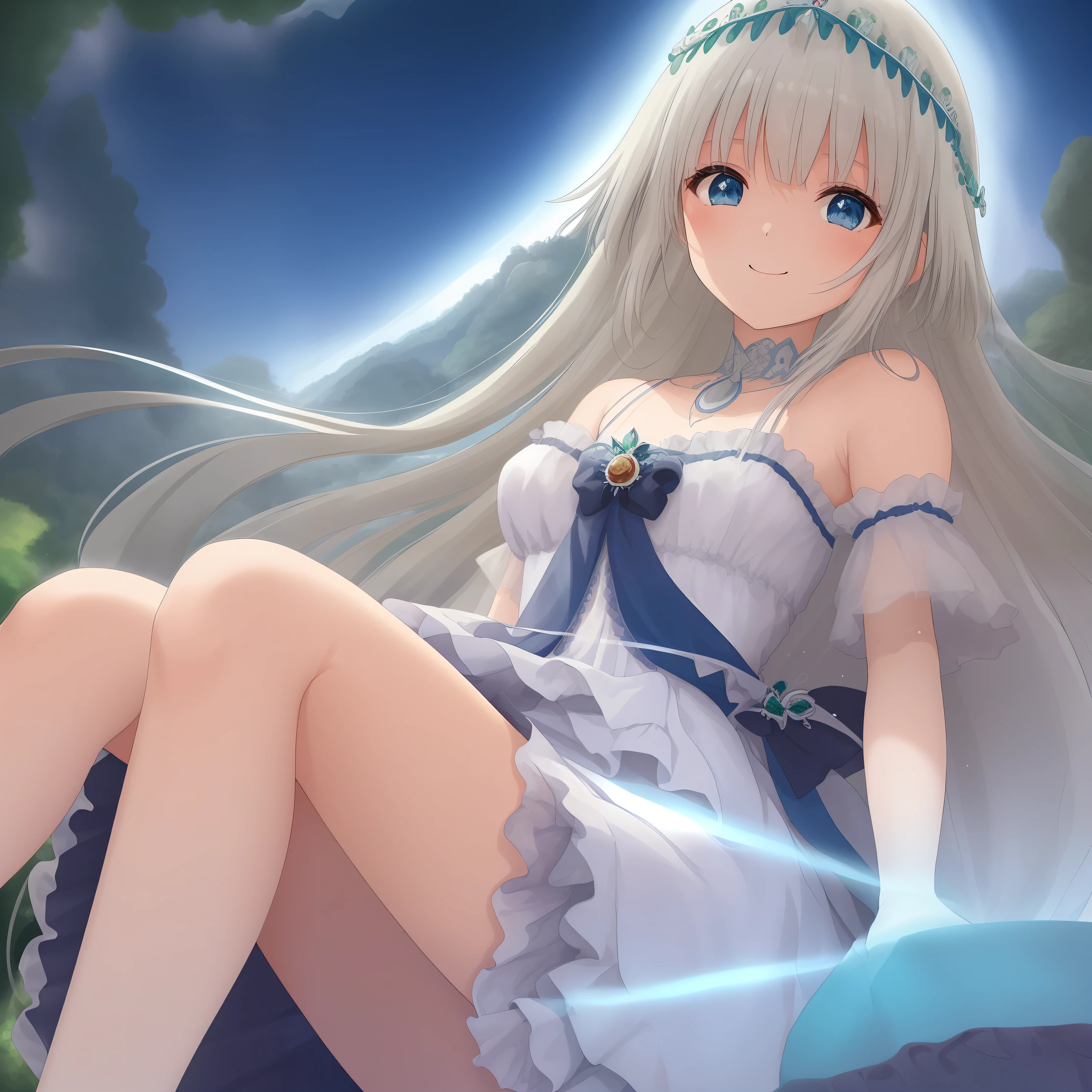 (master piece) (imagem linda) uma bela garota de anime, com cabelos brancos, olhos azuis, sorriso cativante, She wears a nice white dress, She is immersed in an ethereal setting of nature and brilliant, amazing and detailed image