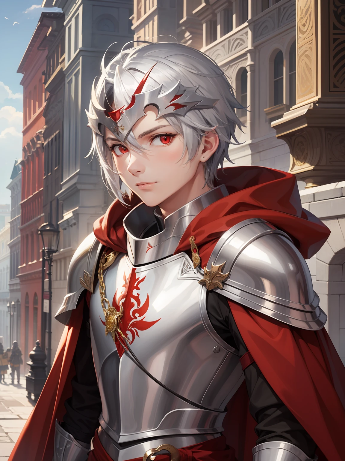Bright picture,Handsome boy,Red eyes，Wearing armor,Red cloak,Silver armor,No helmet,Youth,Wearing a sword,Engrave armor,Gold pattern，Flat viewing angle,