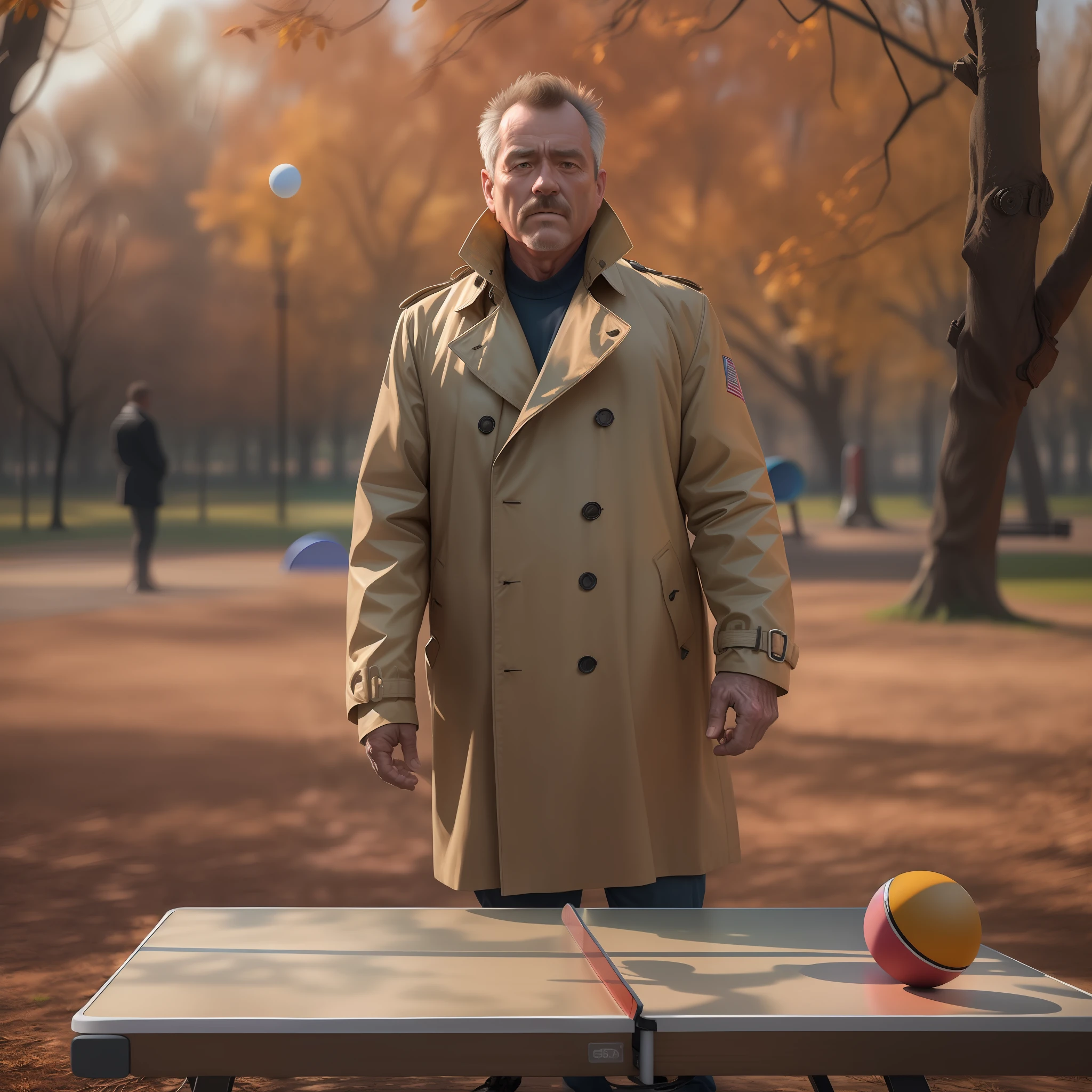 A 50-year-old man only wears a trench coat and shows his body standing next to a ping pong table in the park in a hyper-realistic style