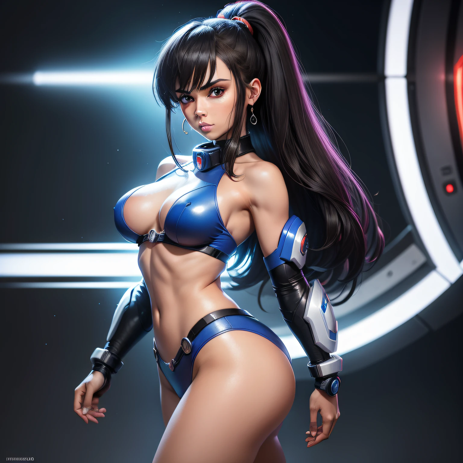 (8k,Fotos RAW,melhor qualidade,tmasterpiece:1.2),Ultra - Detalhado,arte oficial,realista:1.37,Artisticamente,Sexy enorme(5) , seios grandes, clivagem, pele branca, perna longa bonita,seios pequenos, female version of Megamen