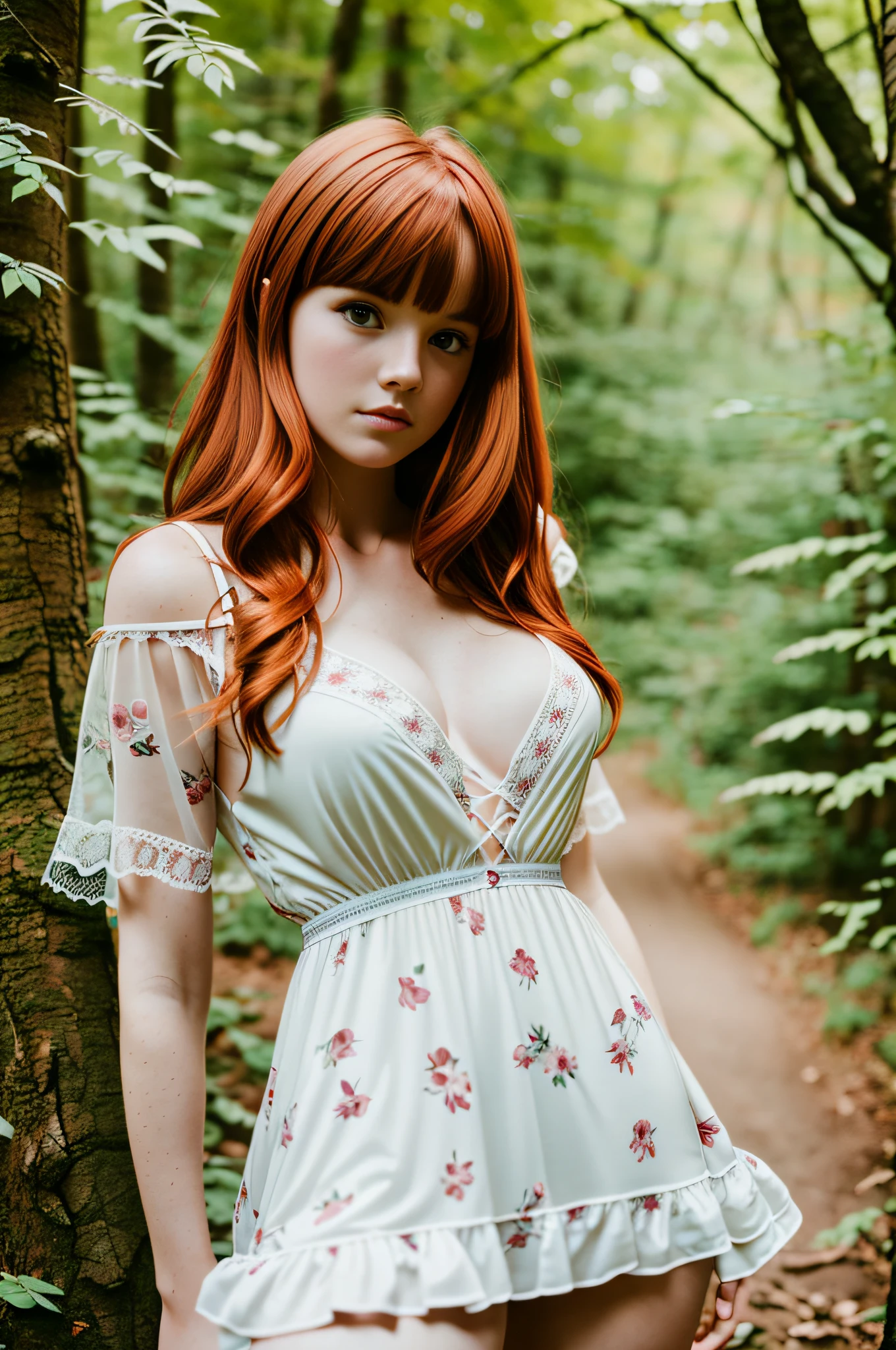 8k, photo RAW, Fujifilm, analog style photo of a beautiful young redheaded woman in sexy underwear, surrounded by nature (very detailed skin: 1.2) Style-Petal BREAK, blunt bangs, wearing a dress, film grain, 35mm, cute style, cowboy shooting