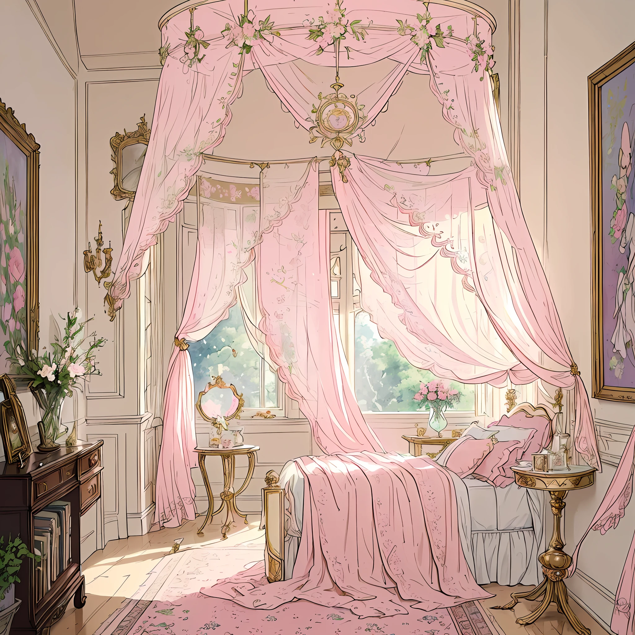 A dreamy and enchanting feminine bedroom, adorned with an array of intricate and delightful details that reflect the owner's unique personality and taste. The room is awash in soft pastel colors, with walls painted in a gentle blush pink, giving it a warm and inviting atmosphere.

The focal point of the room is a luxurious canopy bed with flowing sheer curtains, reminiscent of a fairytale princess's abode. The bedspread is a plush quilt adorned with delicate floral patterns, adding a touch of nature's beauty to the sleeping quarters.

A charming vintage vanity table stands near the window, topped with an ornate mirror framed with delicate roses. The vanity is adorned with antique perfume bottles, dainty makeup brushes, and a collection of beloved trinkets, reflecting the owner's love for all things vintage and sentimental.

Soft fairy lights are strung across the room, casting a warm, magical glow that complements the natural light filtering through the lace curtains. The soft illumination brings out the beauty of the room's various decorations, creating a cozy and comforting ambiance.

A cozy reading nook is nestled in the corner, complete with a plush armchair and a small bookshelf filled with beloved novels and fairytales. The walls are adorned with framed art prints and delicate wall hangings, showcasing the owner's appreciation for art and creativity.

An elegant area rug with intricate patterns adorns the floor, adding an extra layer of comfort and style to the room. The rug's soft texture invites bare feet to sink into its plush embrace.

Delicate potted plants and fresh flowers are strategically placed around the room, infusing the air with a natural, refreshing scent and adding a touch of vitality to the serene space.

The room's overall atmosphere exudes grace, elegance, and charm, a haven of comfort and beauty where the owner can retreat and embrace her own unique style.

Artwork, digital illustration, with a focus on soft and pastel colors