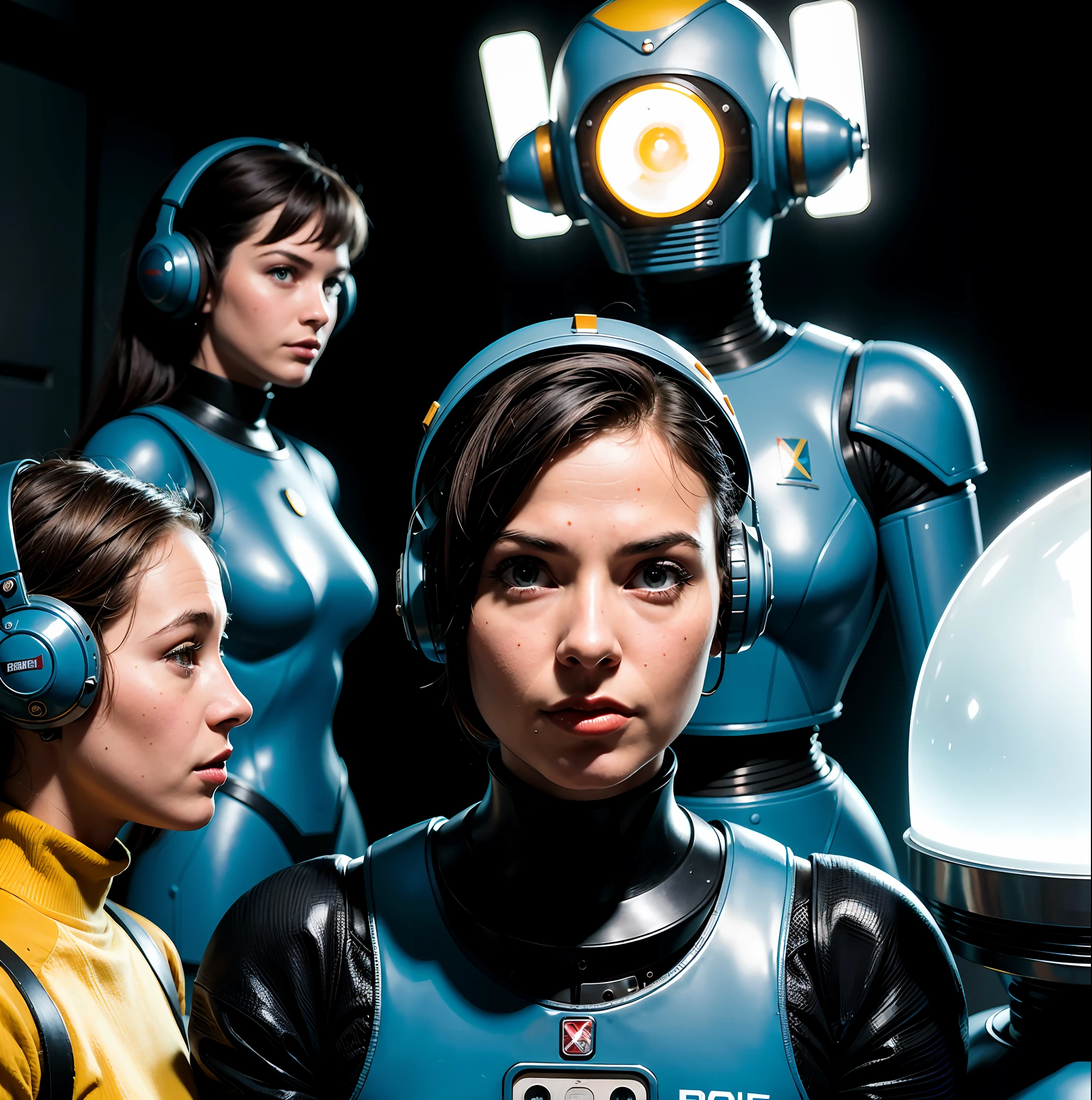 There are two women next to a robot in a room, 1 9 6 0 s menina espacial, Retro Sci - Imagem de FI, 7 0's vintage sci - estilo fi, woman and robot, 1 9 6 0's sci - fi, Retro 1 9 6 0 S Sci - Arte de Fi., 5 0's vintage sci - estilo fi