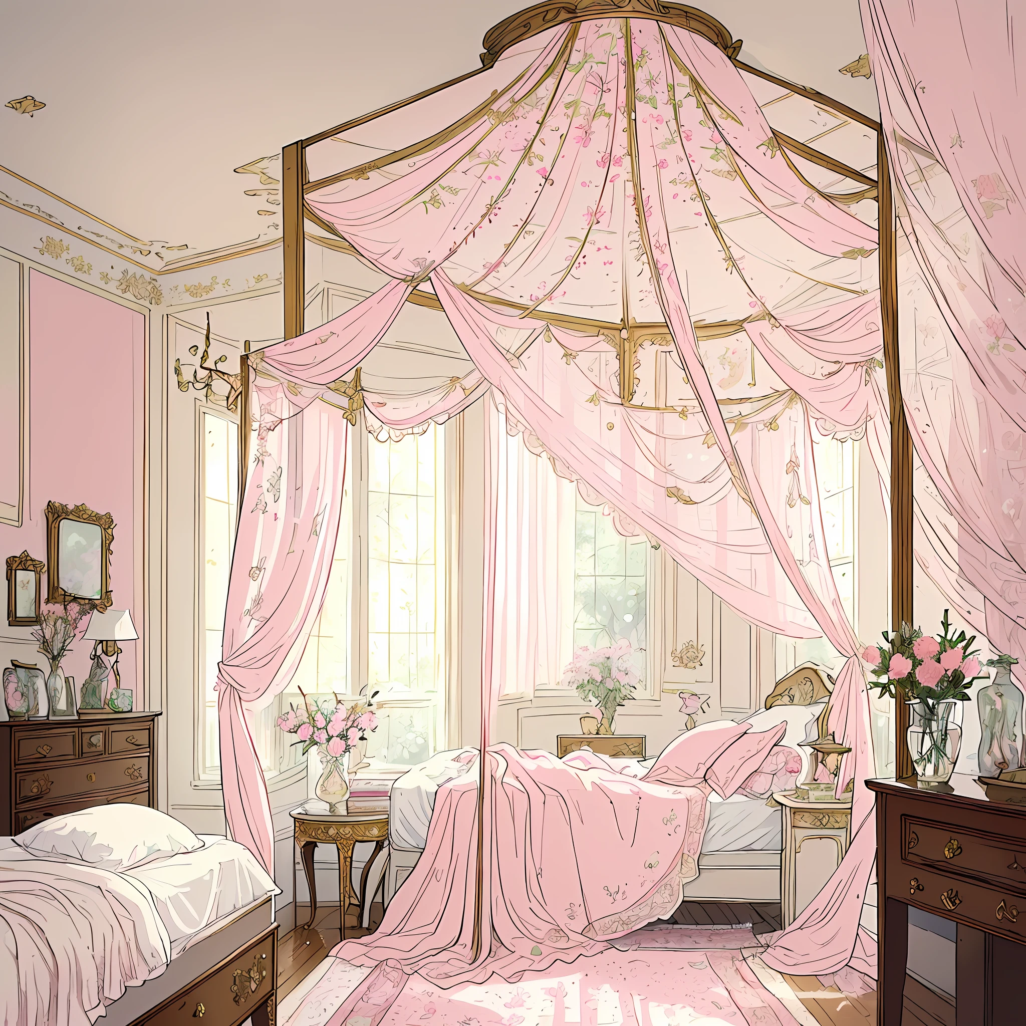 A dreamy and enchanting feminine bedroom, adorned with an array of intricate and delightful details that reflect the owner's unique personality and taste. The room is awash in soft pastel colors, with walls painted in a gentle blush pink, giving it a warm and inviting atmosphere.
The focal point of the room is a luxurious canopy bed with flowing sheer curtains, reminiscent of a fairytale princess's abode. The bedspread is a plush quilt adorned with delicate floral patterns, adding a touch of nature's beauty to the sleeping quarters.
A charming vintage vanity table stands near the window, topped with an ornate mirror framed with delicate roses. The vanity is adorned with antique perfume bottles, dainty makeup brushes, and a collection of beloved trinkets, reflecting the owner's love for all things vintage and sentimental.
Soft fairy lights are strung across the room, casting a warm, magical glow that complements the natural light filtering through the lace curtains. The soft illumination brings out the beauty of the room's various decorations, creating a cozy and comforting ambiance.
A cozy reading nook is nestled in the corner, complete with a plush armchair and a small bookshelf filled with beloved novels and fairytales. The walls are adorned with framed art prints and delicate wall hangings, showcasing the owner's appreciation for art and creativity.
An elegant area rug with intricate patterns adorns the floor, adding an extra layer of comfort and style to the room. The rug's soft texture invites bare feet to sink into its plush embrace.
Delicate potted plants and fresh flowers are strategically placed around the room, infusing the air with a natural, refreshing scent and adding a touch of vitality to the serene space.
The room's overall atmosphere exudes grace, elegance, and charm, a haven of comfort and beauty where the owner can retreat and embrace her own unique style.
Artwork, digital illustration, with a focus on soft and pastel colors
