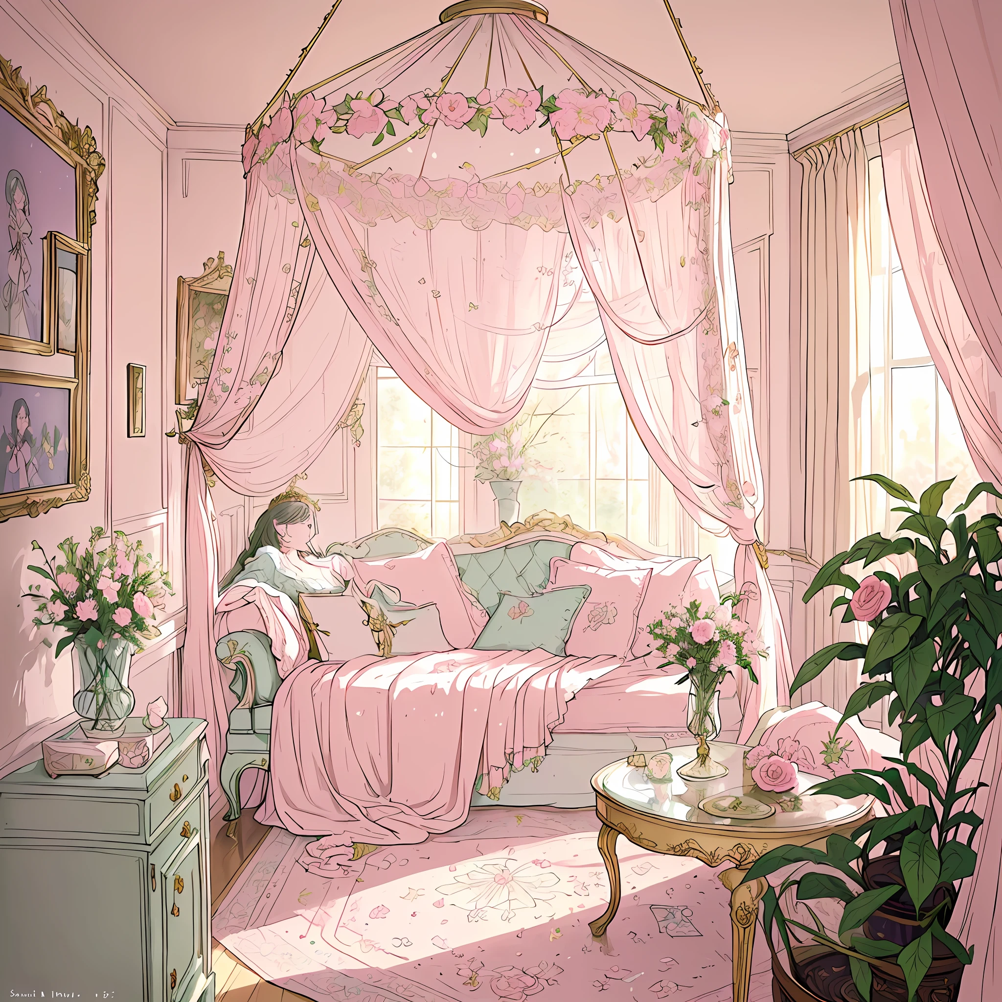 A dreamy and enchanting feminine bedroom, adorned with an array of intricate and delightful details that reflect the owner's unique personality and taste. The room is awash in soft pastel colors, with walls painted in a gentle blush pink, giving it a warm and inviting atmosphere.

The focal point of the room is a luxurious canopy bed with flowing sheer curtains, reminiscent of a fairytale princess's abode. The bedspread is a plush quilt adorned with delicate floral patterns, adding a touch of nature's beauty to the sleeping quarters.

A charming vintage vanity table stands near the window, topped with an ornate mirror framed with delicate roses. The vanity is adorned with antique perfume bottles, dainty makeup brushes, and a collection of beloved trinkets, reflecting the owner's love for all things vintage and sentimental.

Soft fairy lights are strung across the room, casting a warm, magical glow that complements the natural light filtering through the lace curtains. The soft illumination brings out the beauty of the room's various decorations, creating a cozy and comforting ambiance.

A cozy reading nook is nestled in the corner, complete with a plush armchair and a small bookshelf filled with beloved novels and fairytales. The walls are adorned with framed art prints and delicate wall hangings, showcasing the owner's appreciation for art and creativity.

An elegant area rug with intricate patterns adorns the floor, adding an extra layer of comfort and style to the room. The rug's soft texture invites bare feet to sink into its plush embrace.

Delicate potted plants and fresh flowers are strategically placed around the room, infusing the air with a natural, refreshing scent and adding a touch of vitality to the serene space.

The room's overall atmosphere exudes grace, elegance, and charm, a haven of comfort and beauty where the owner can retreat and embrace her own unique style.

Artwork, digital illustration, with a focus on soft and pastel colors